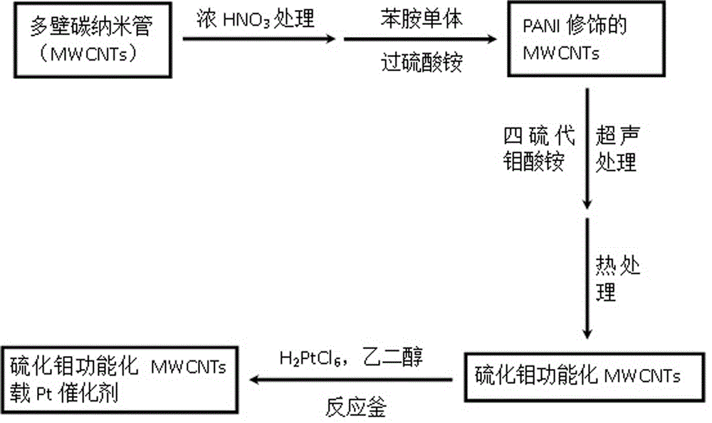 Molybdenum sulfide functional carbon nano tube Pt-carried catalyst for direct methanol fuel cell and preparation method of catalyst