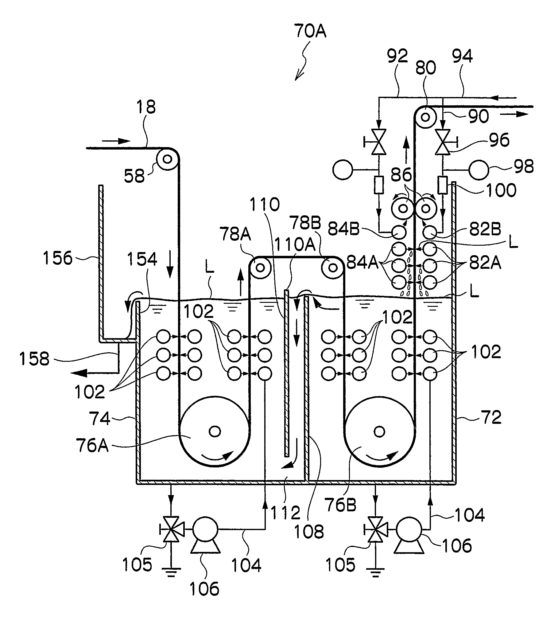 Washing apparatus, apparatus for manufacturing plating-filmed web, washing process, and process for manufacturing plating-filmed web