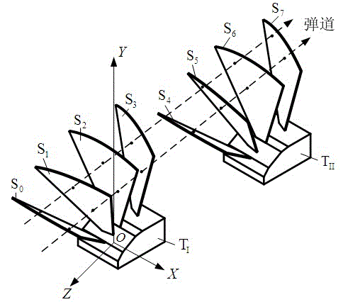 Method and device for measuring flying speed and landing coordinate of projectile of double-tube volley weapon