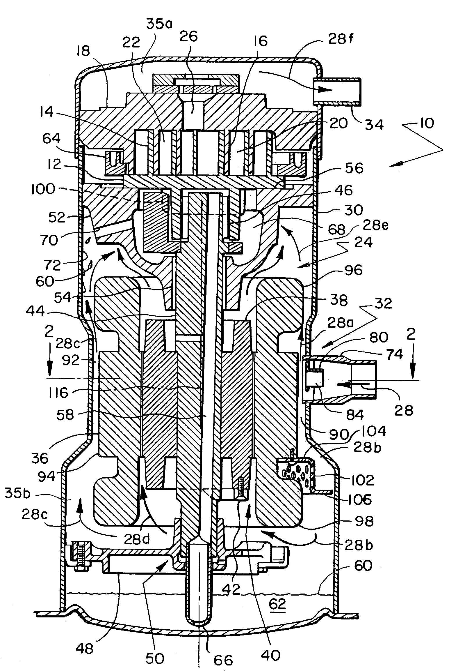 Scroll compressor with bifurcated flow pattern