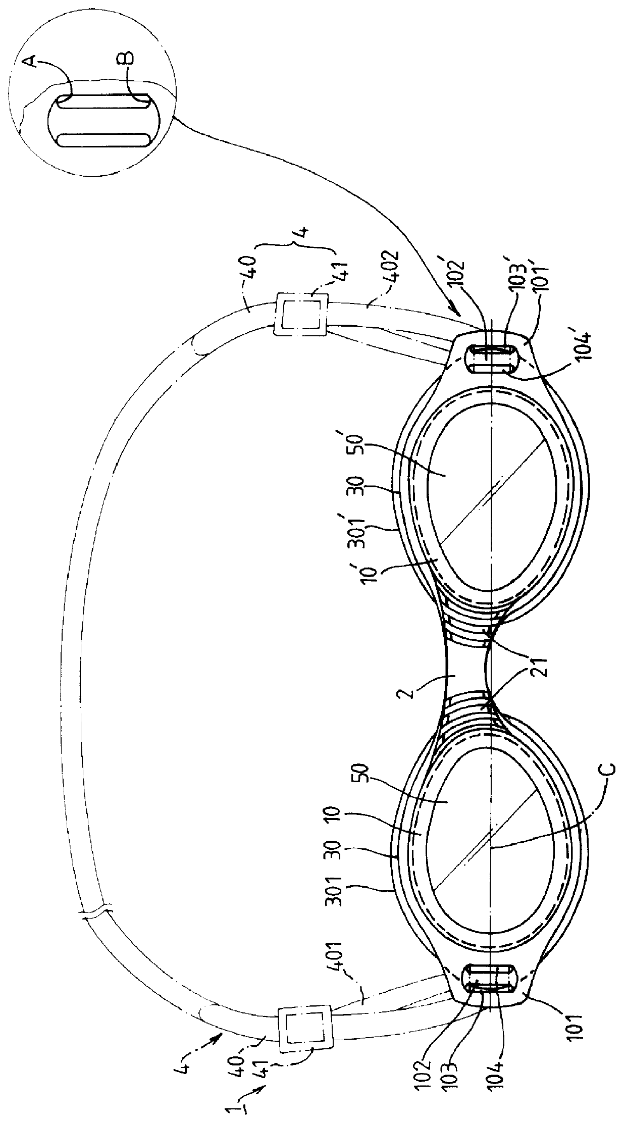 Goggles with connecting plate assembly at outer ends