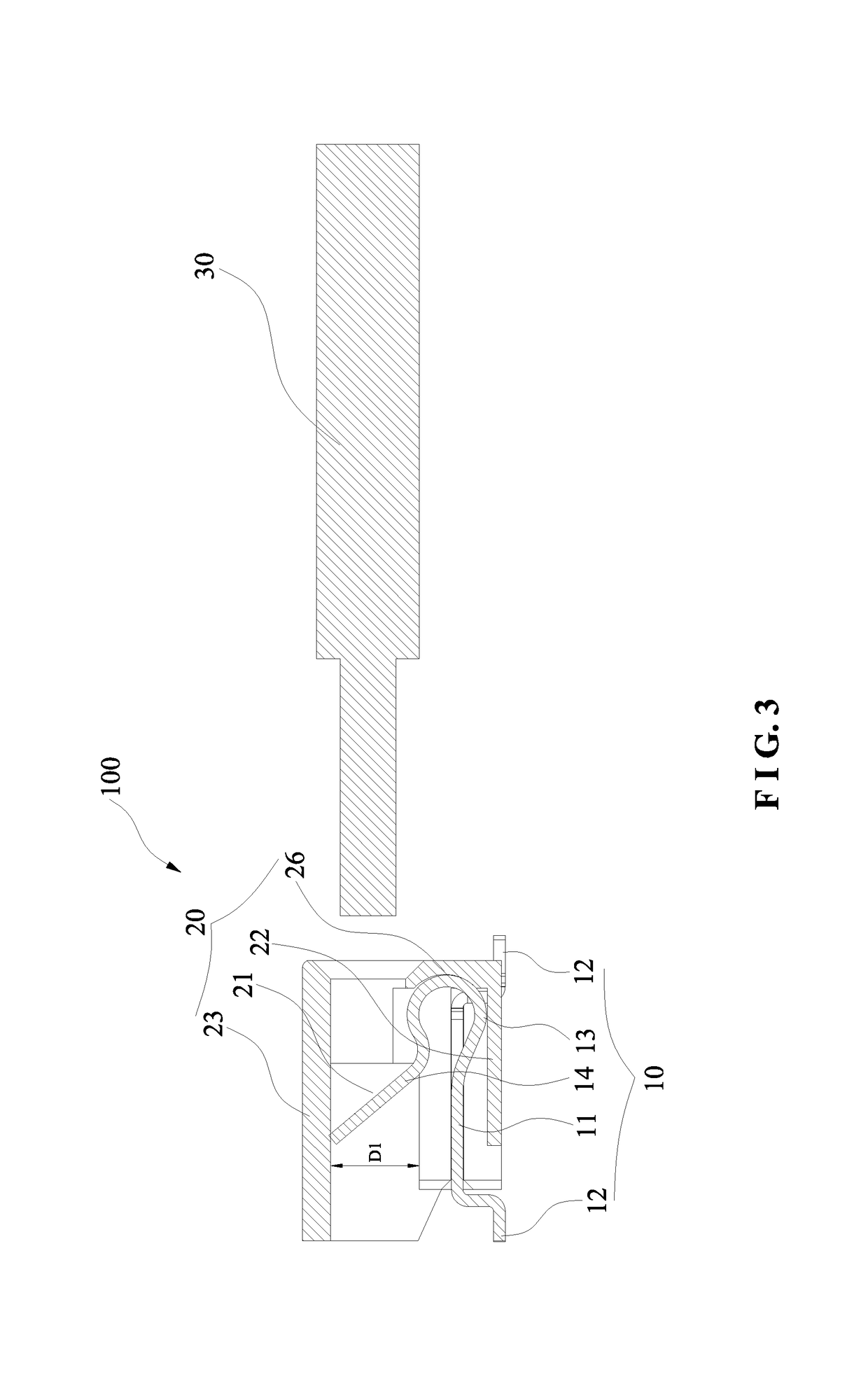 Patch cord connecting metal terminal having a pushbutton on a lateral side of a resilient arm