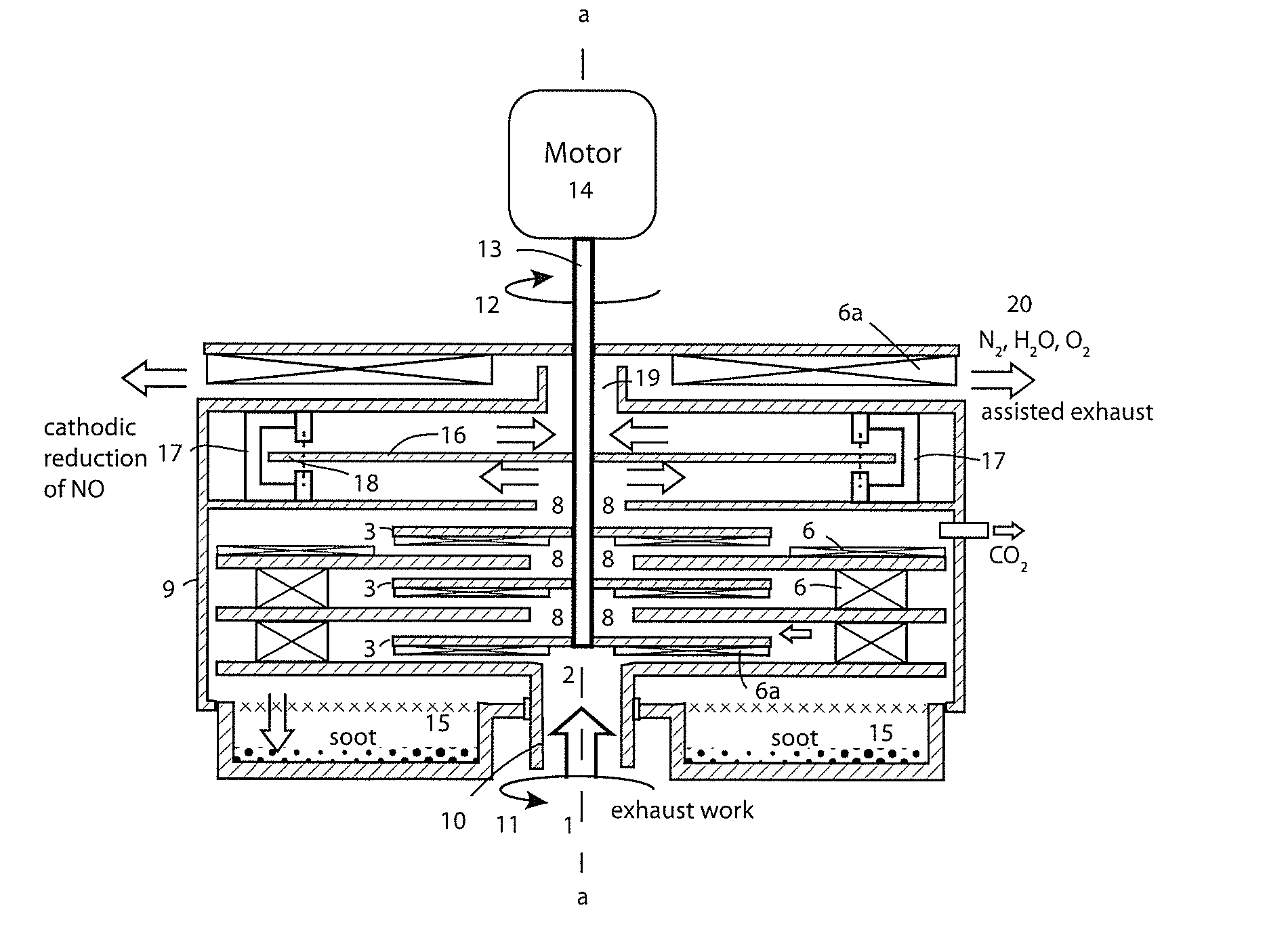 Radial counterflow muffler for no reduction and pollutant collection