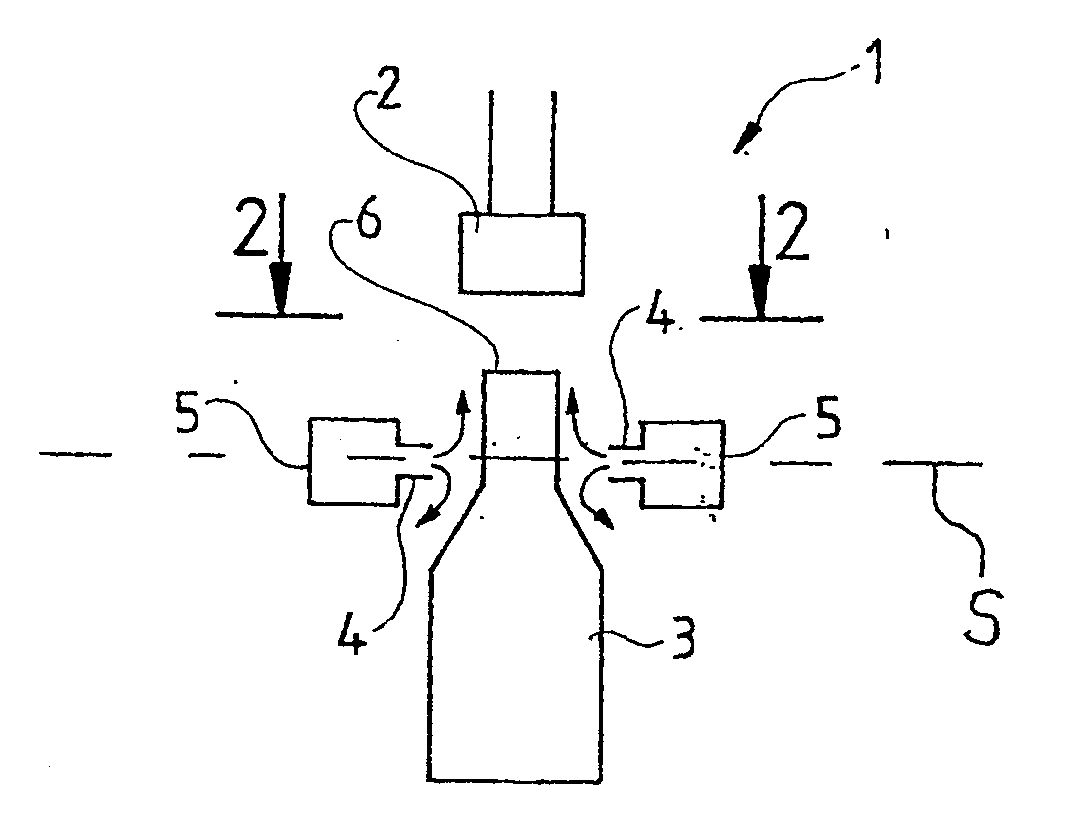 Container treatment device with a gas curtain