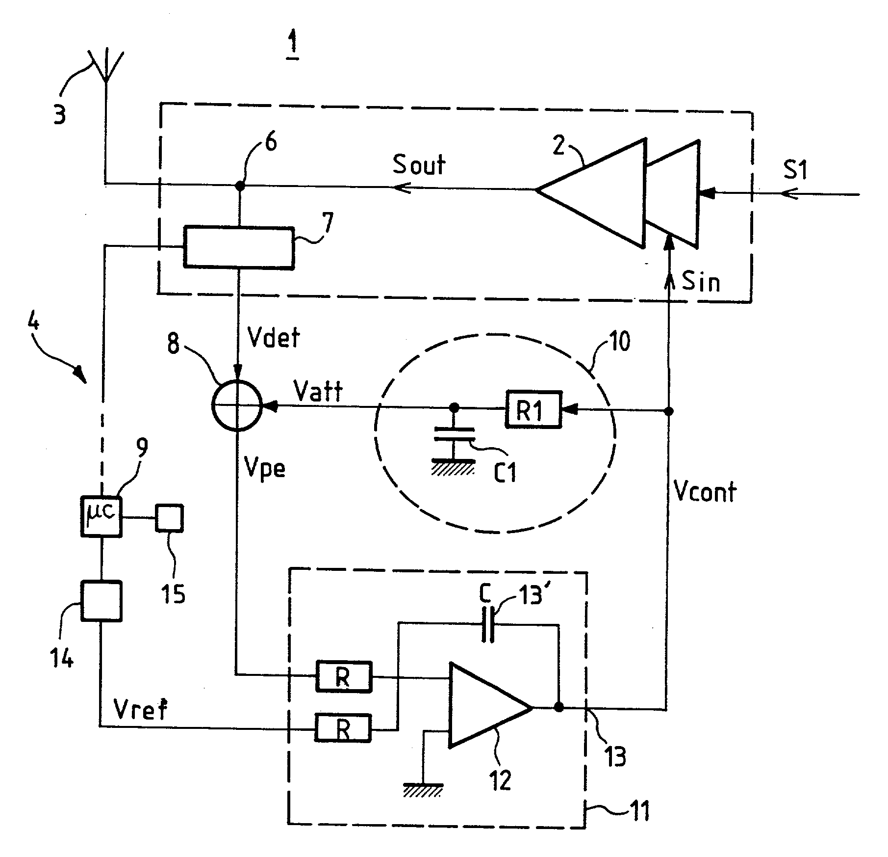 Regulator device for controlling the power of a transmitter