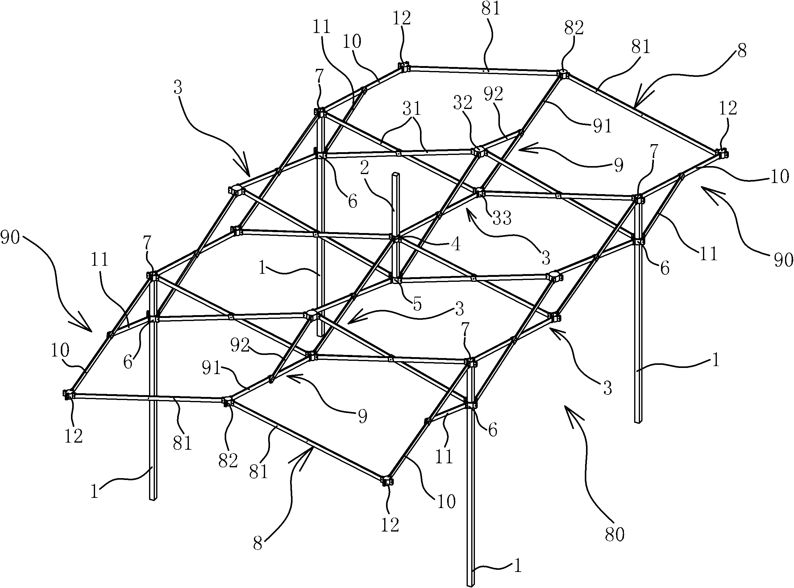 Lengthening structure for tent frame of folding tent