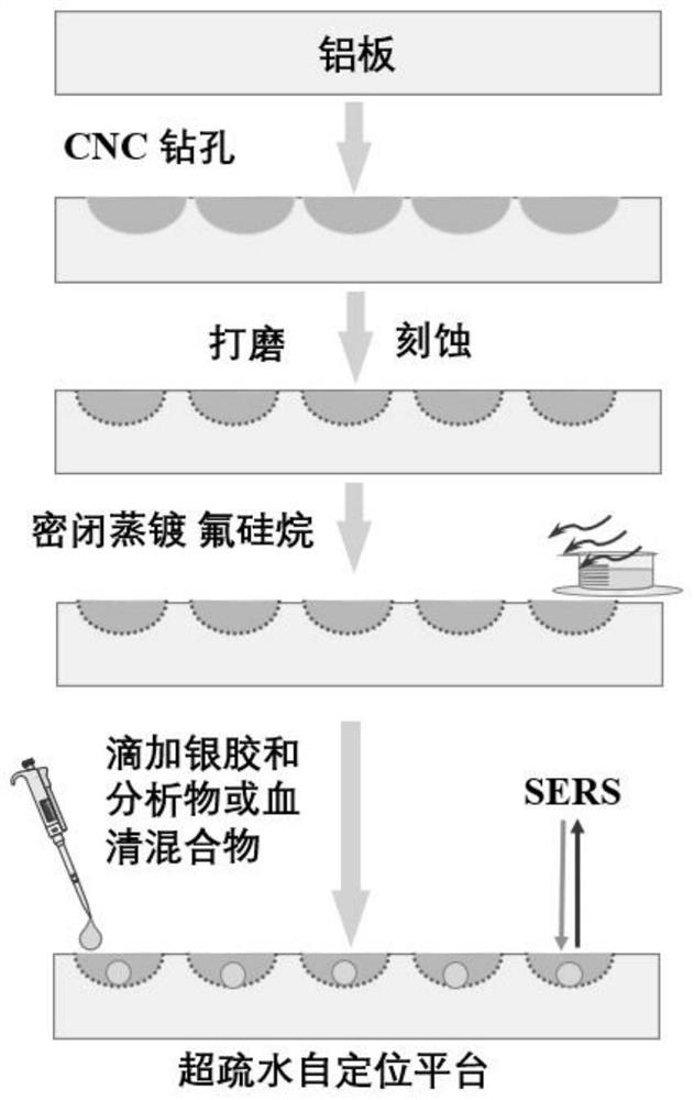 Super-hydrophobic automatic positioning SERS spectrum detection platform as well as preparation method and application thereof