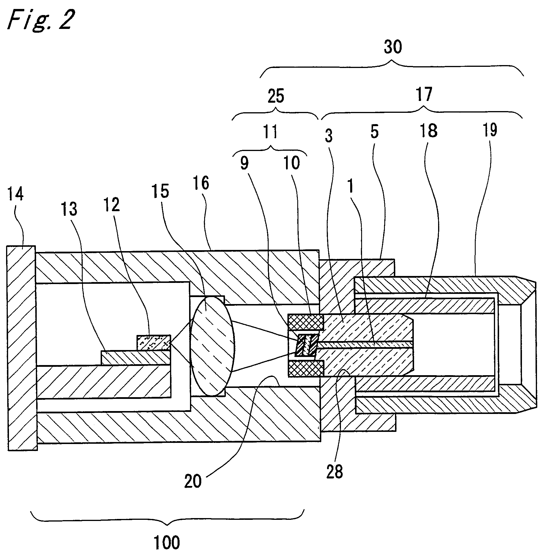 Fiber stub with optical element, optical receptacle and optical module