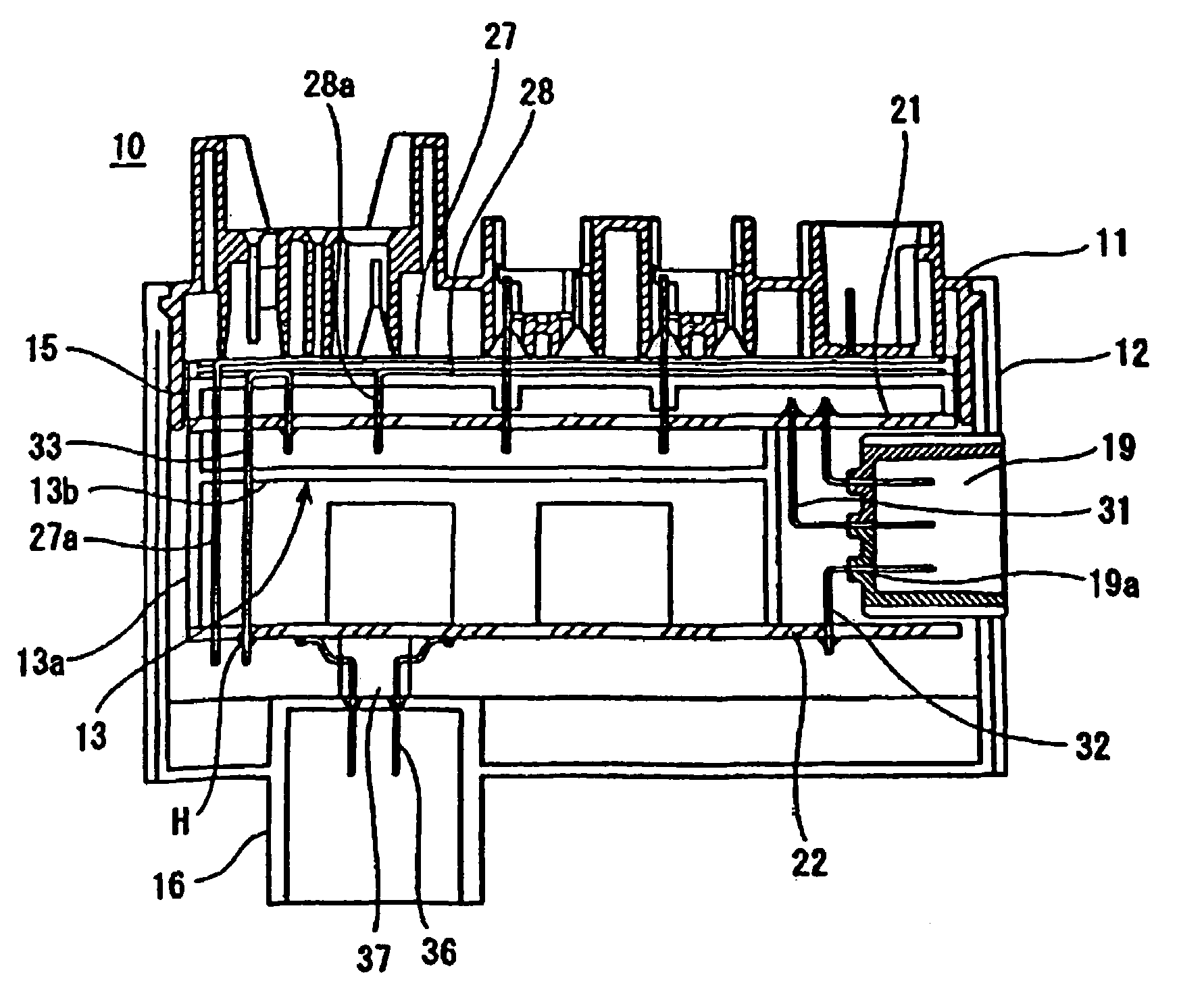 Electrical connector housing having a bridging piece between circuit boards connected to a receiving unit