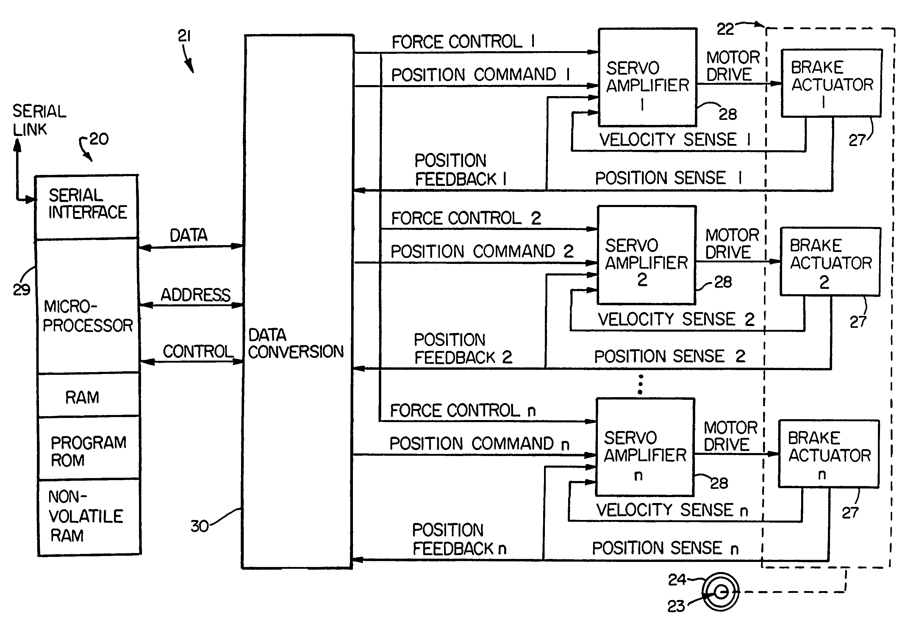 Electronic aircraft braking system with brake wear measurement, running clearance adjustment and plural electric motor-actuator ram assemblies