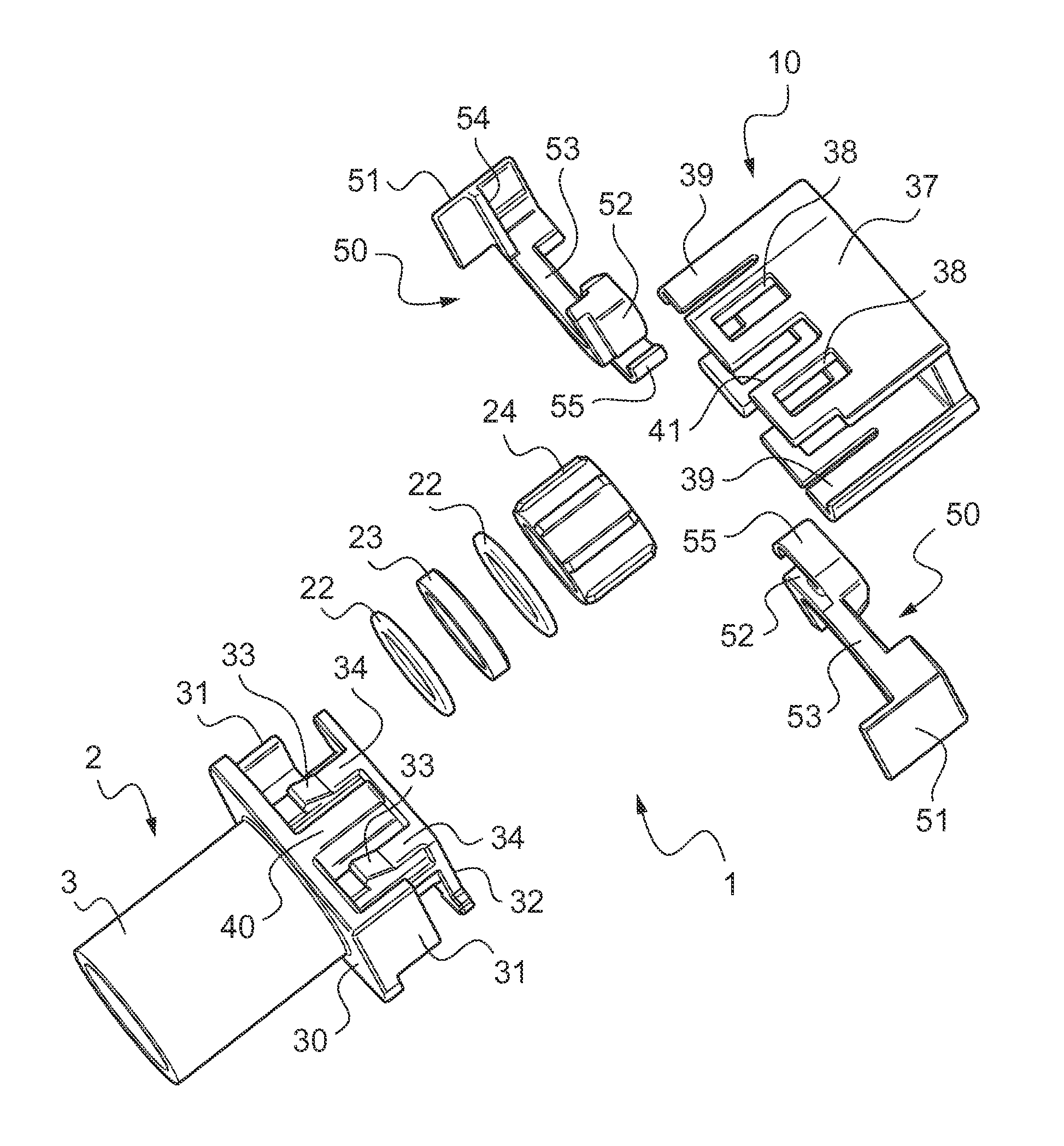 Fast snap-on connector with latches with symmetrical jaws