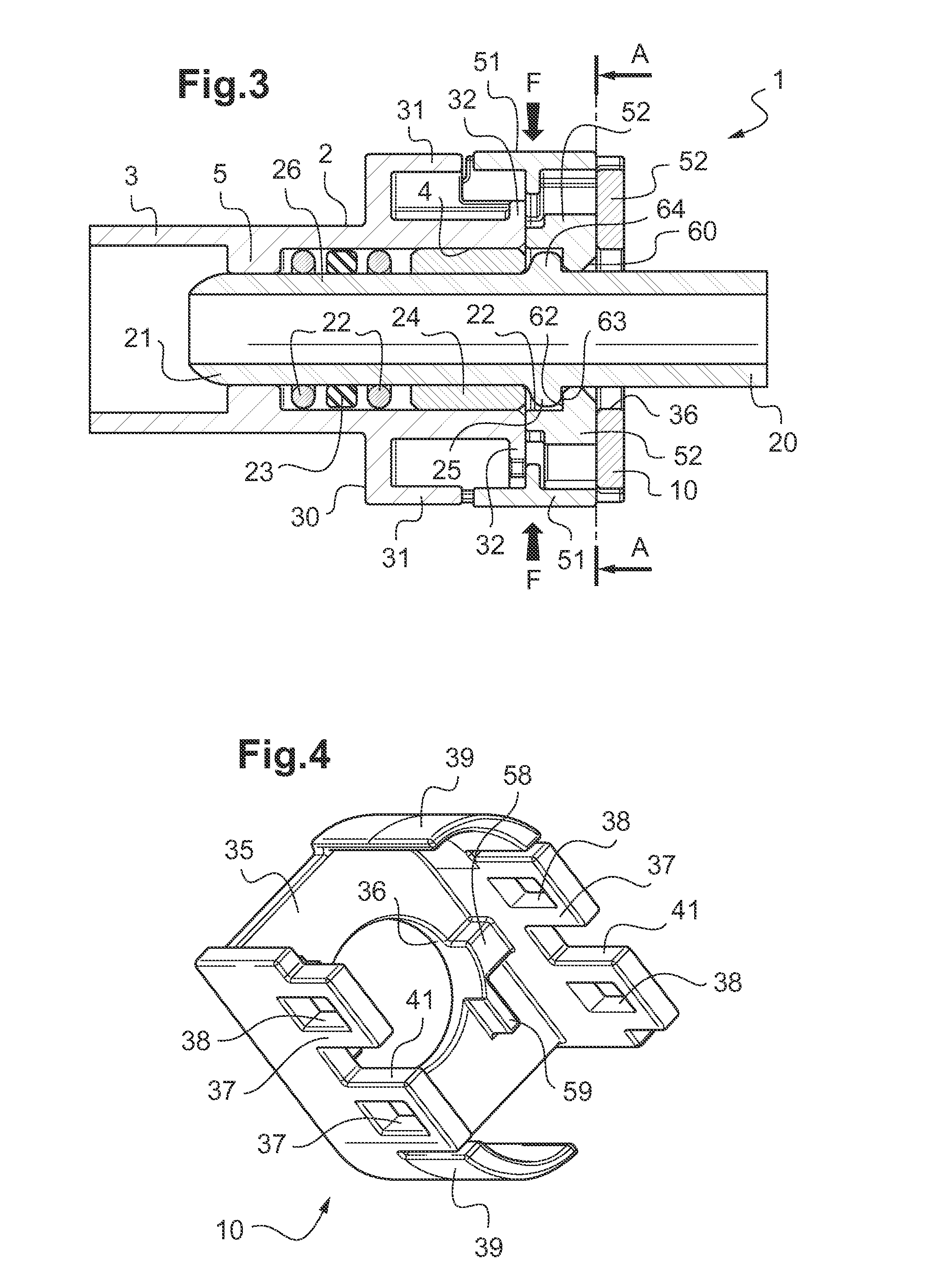 Fast snap-on connector with latches with symmetrical jaws