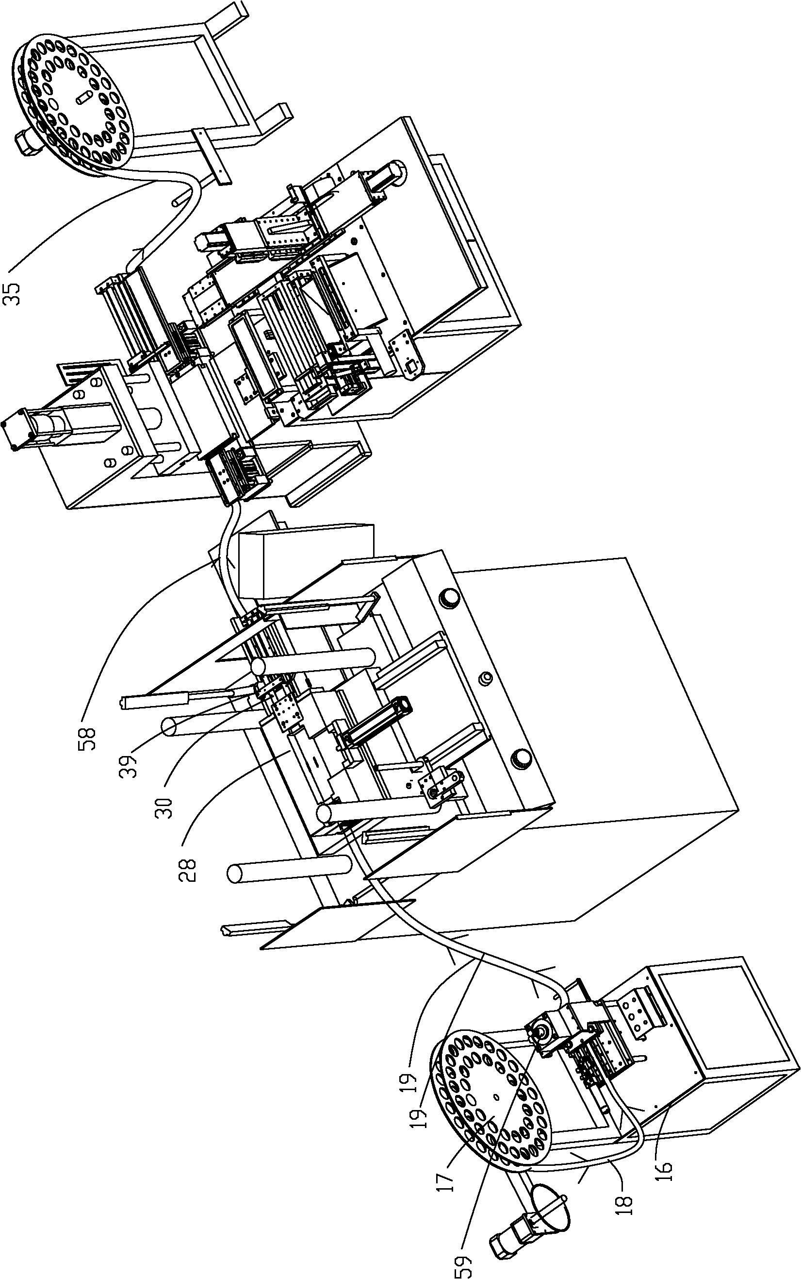 Vertical injection molding, punch forming and tin soldering system for production using terminal material strips