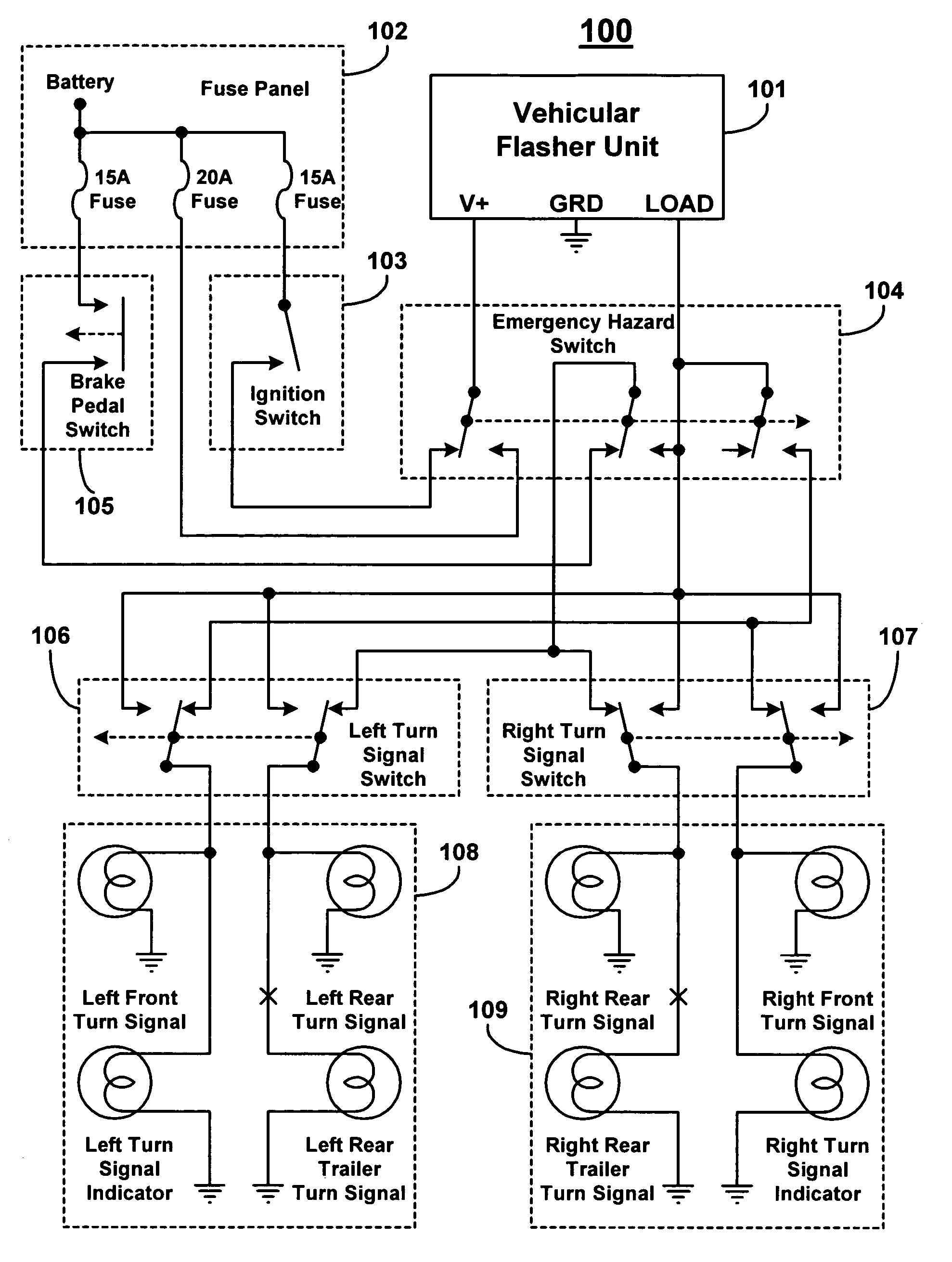 Vehicular flasher unit having selectable flasher schemes illuminated with pulse width modulated signals