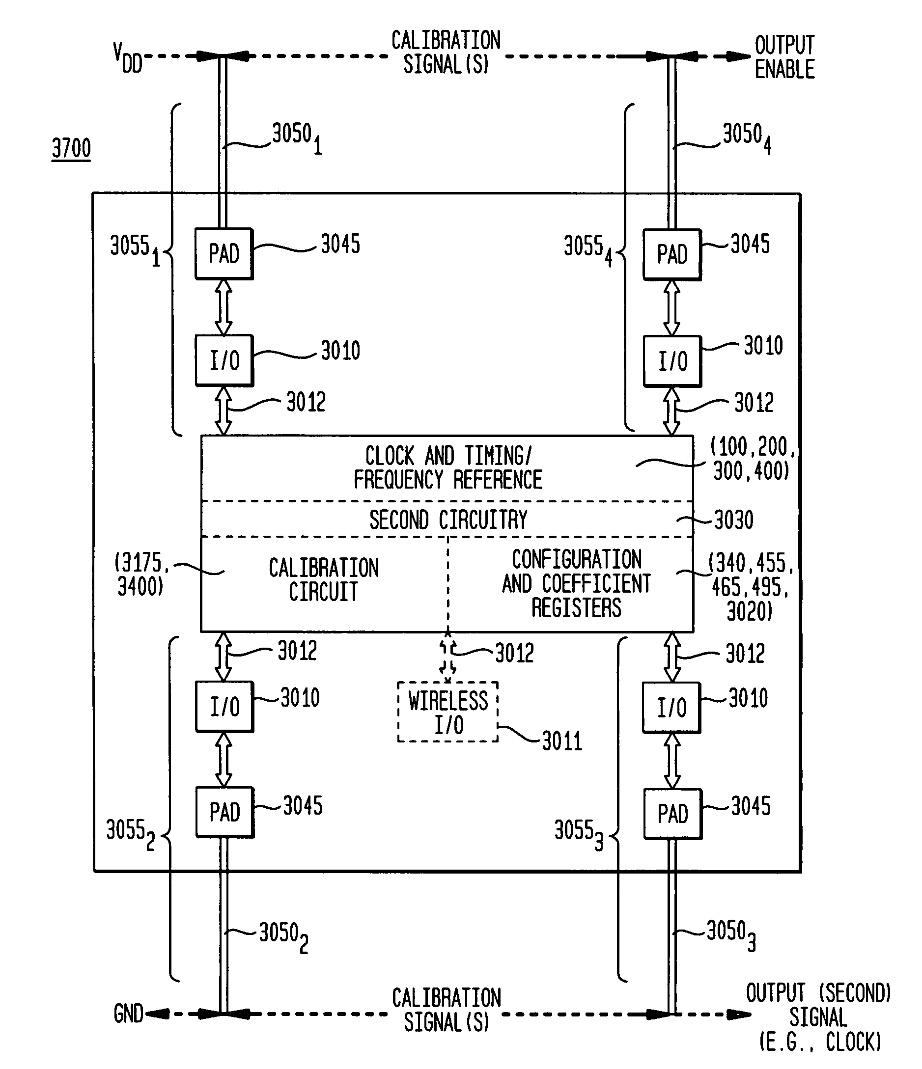 Multi-terminal harmonic oscillator integrated circuit with frequency calibration and frequency configuration