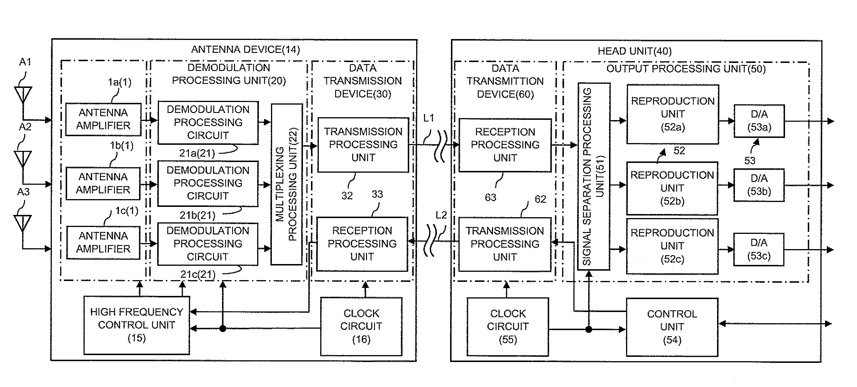 Antenna amplifier device and antenna device provided in mobile object