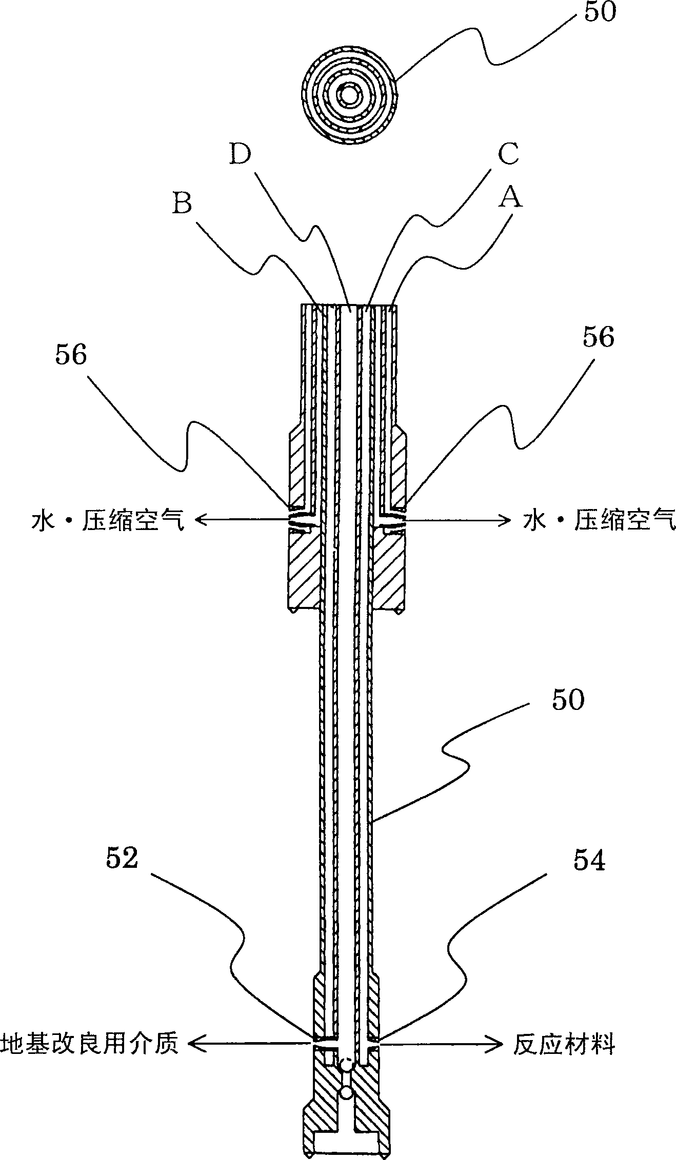 Jetting and agitating construction method and jetting and agitating device