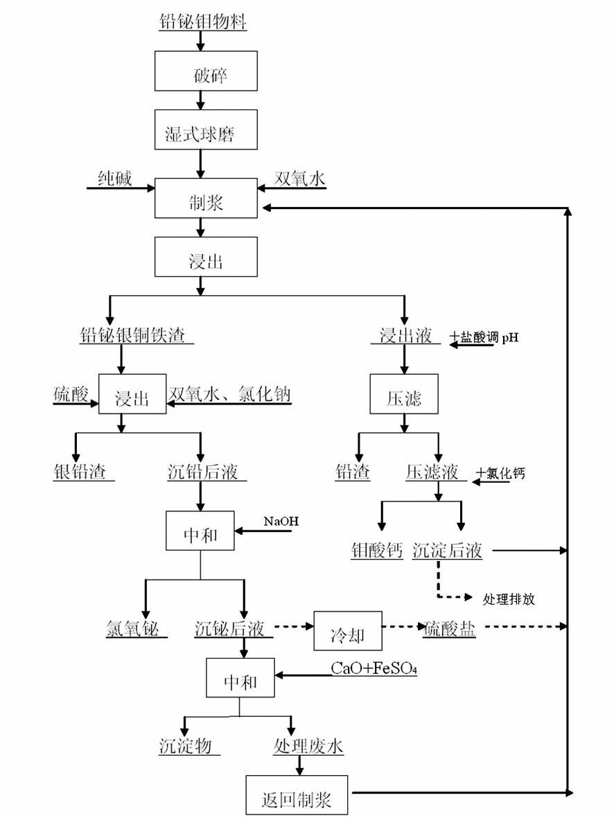 Wet separation technology for material containing lead, bismuth and molybdenum