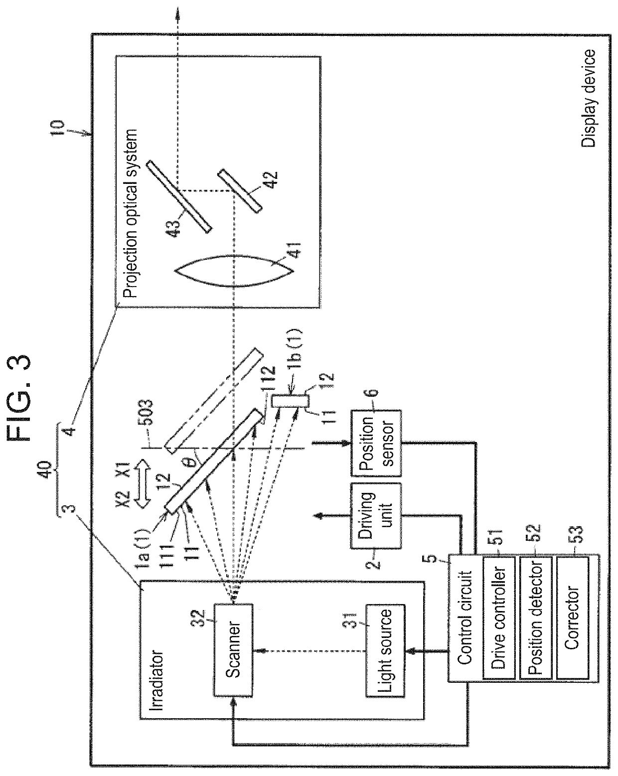 Display device, method for controlling display device, program, recording medium, and moving body equipped with display device