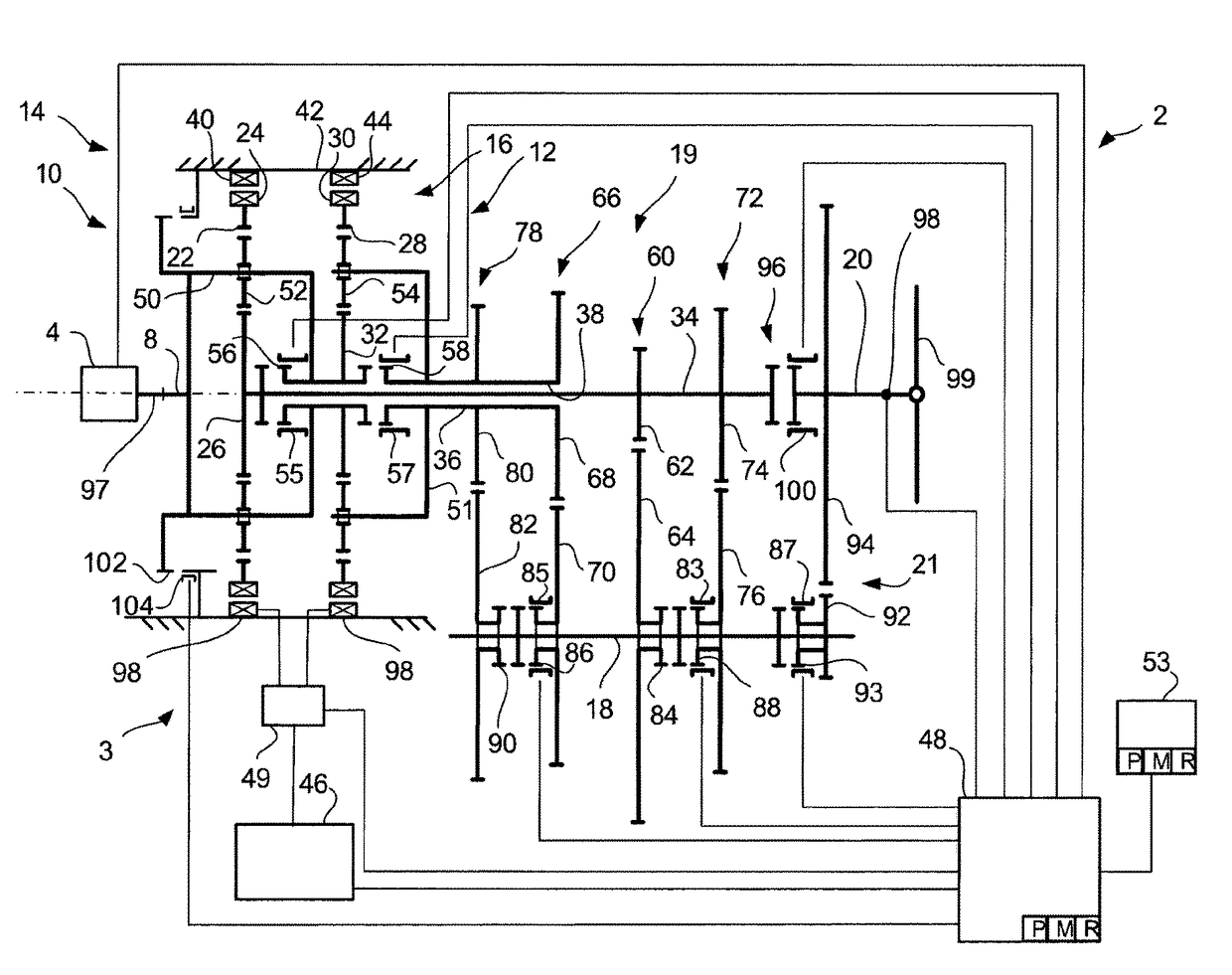 Hybrid powertrain with a gearbox and method to control the hybrid drivetrain