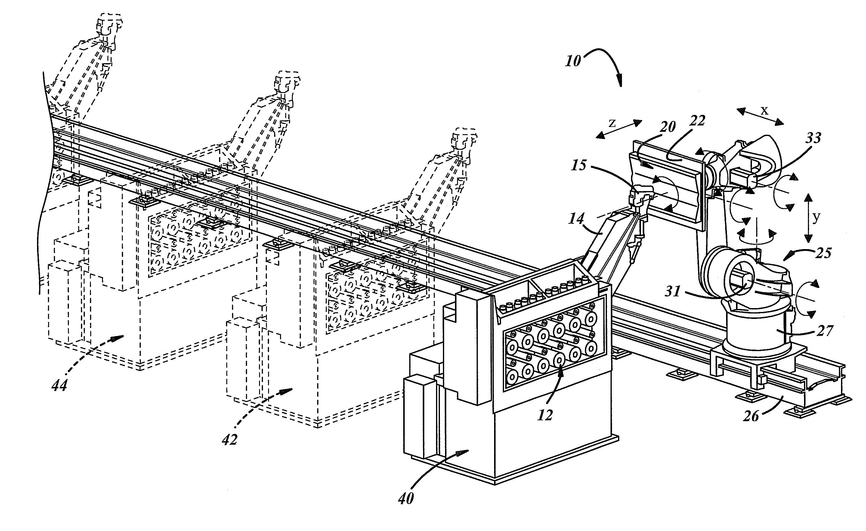 Robotic based fiber placement cell with stationary dispensing head and creel