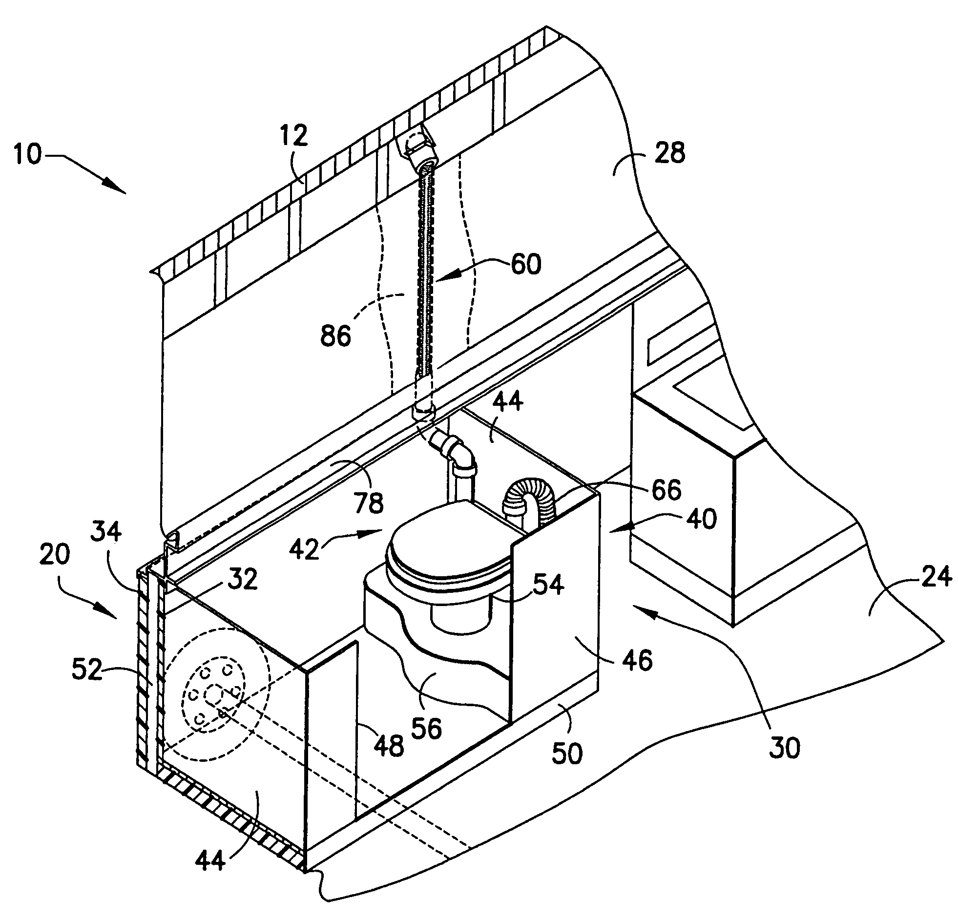 Folding camping trailer with flushable toilet