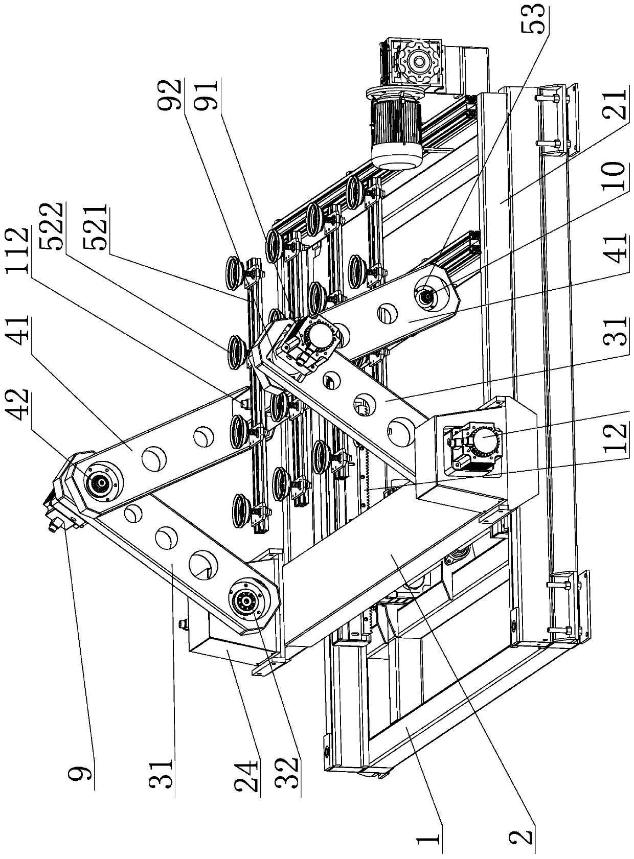 Three-bar oscillating mechanical arm for feeding and discharging glass