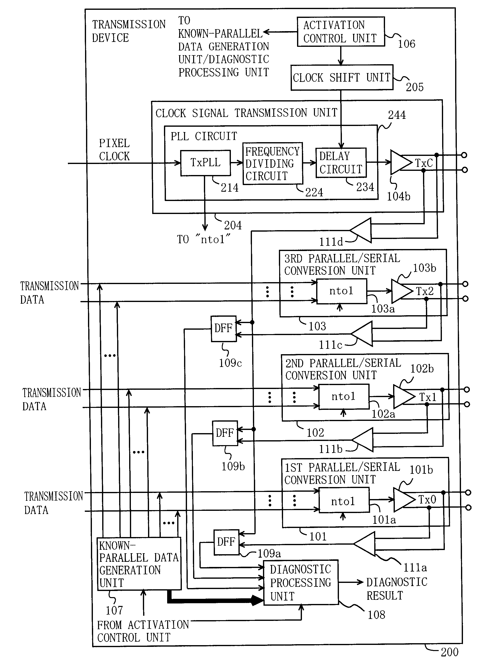 Transmission device and electronic apparatus with self-diagnostic function, and self-diagnostic method for use therein