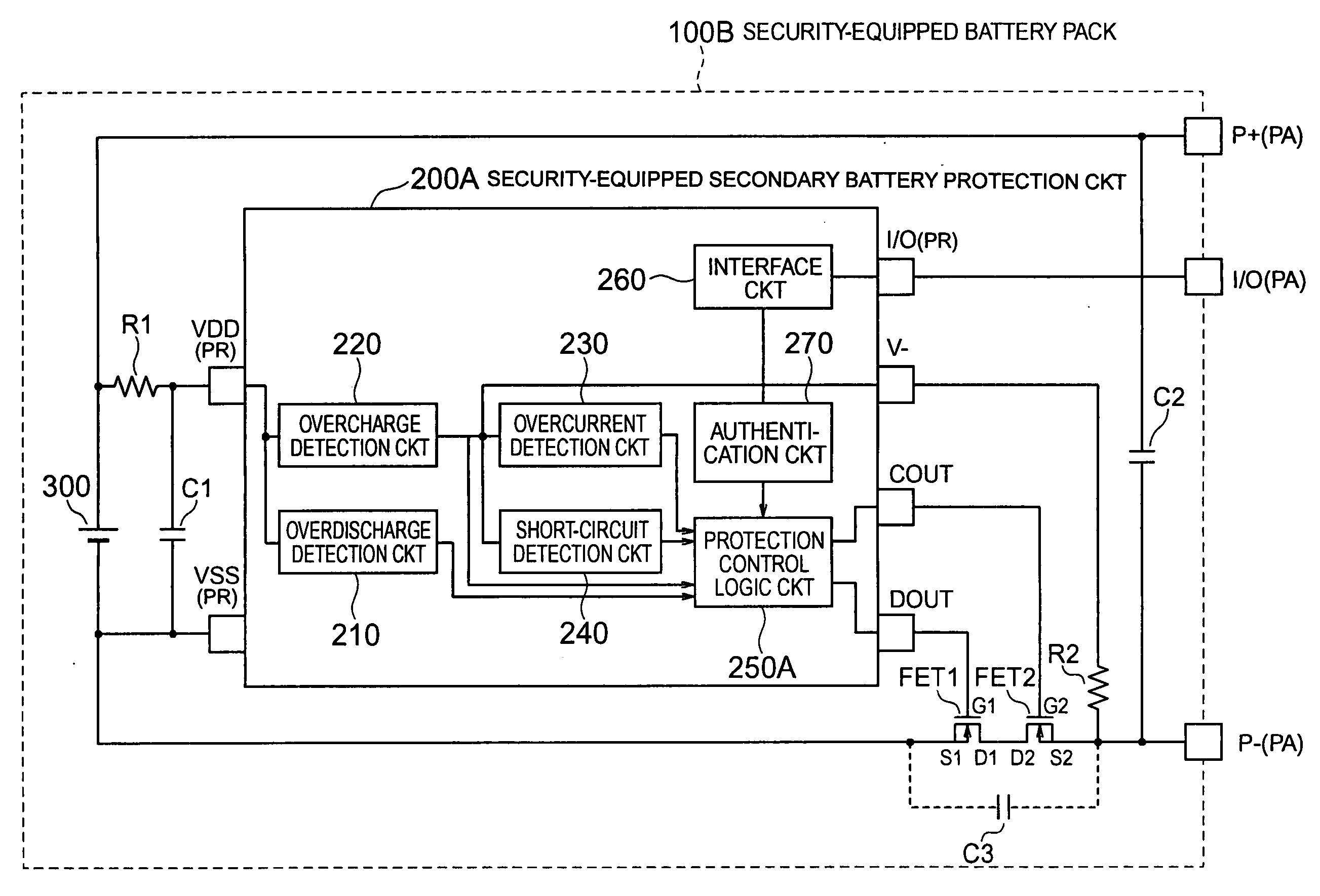 Secondary battery protection circuit comprising a security arrangement