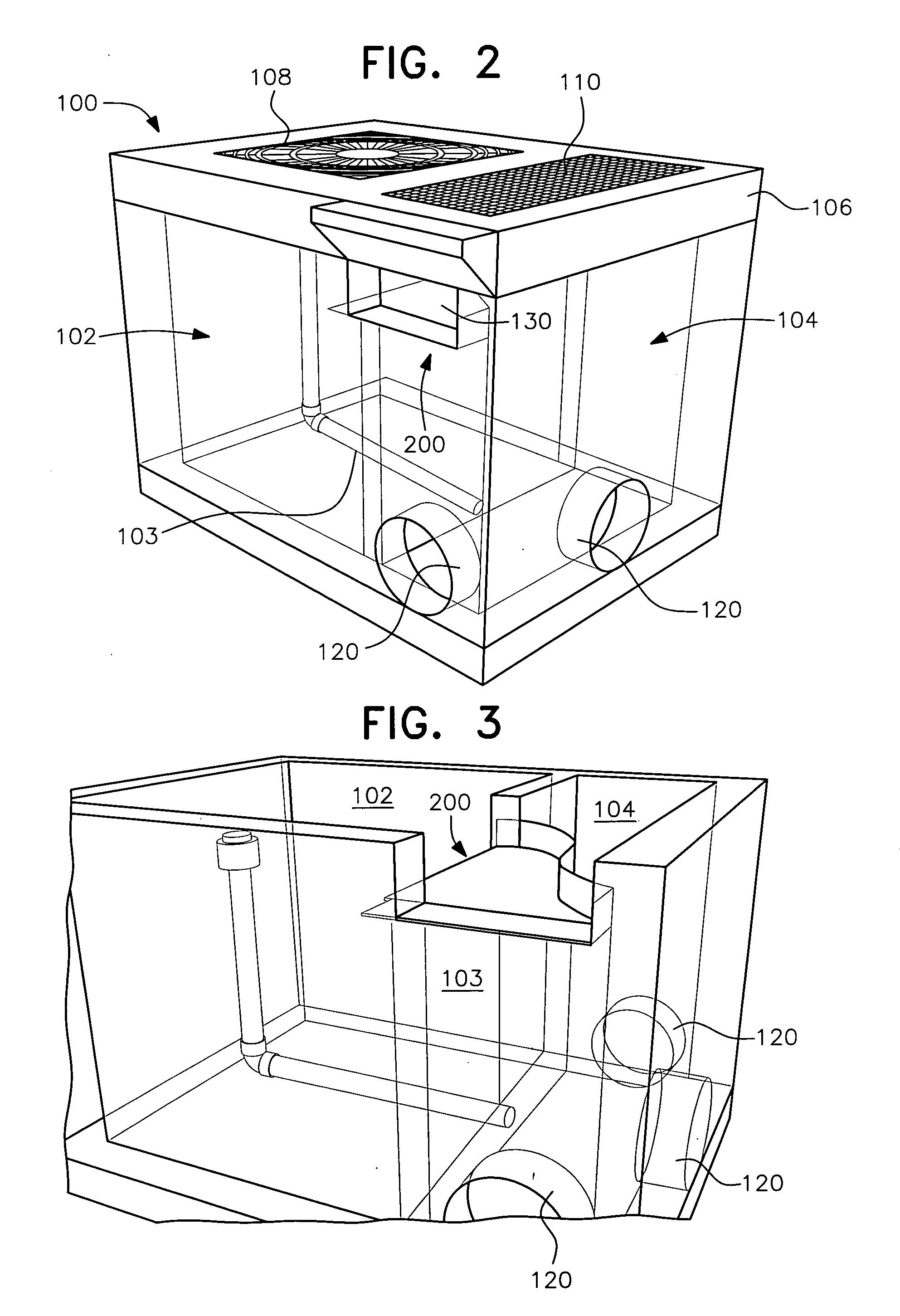 Stormwater treatment system with two chamber treatment container and overflow tray