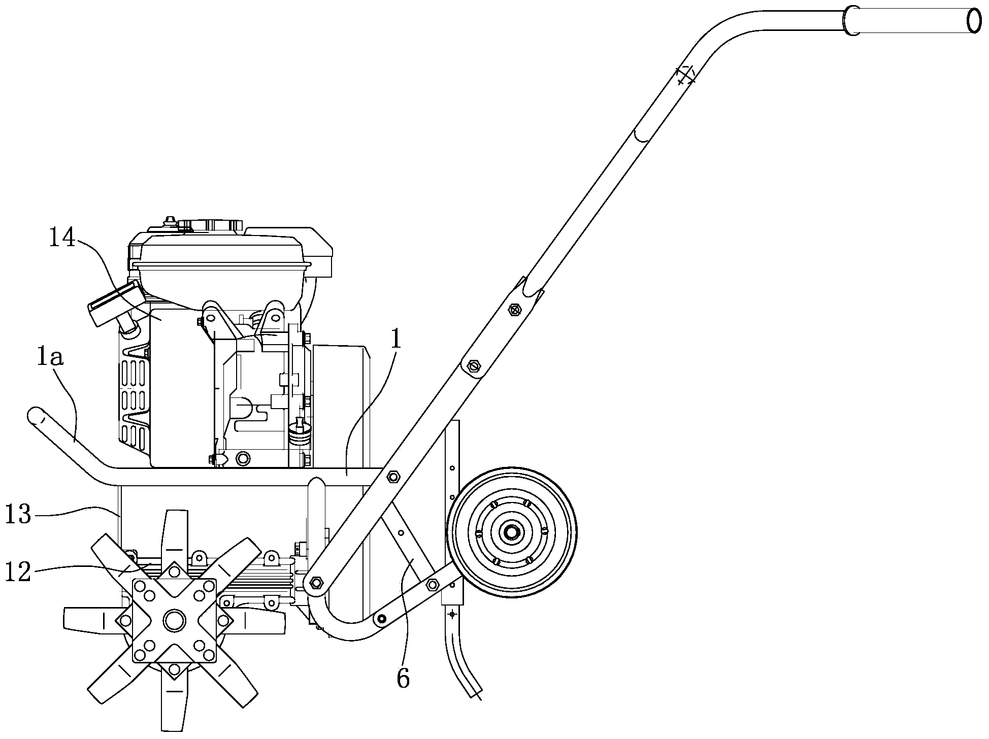 Portable mini tiller engine screw transmission box and frame assembly