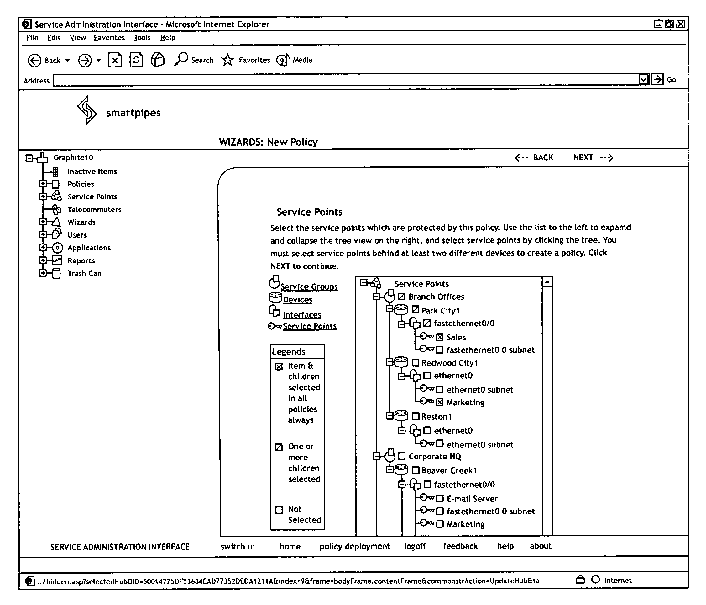 Selection and storage of policies in network management