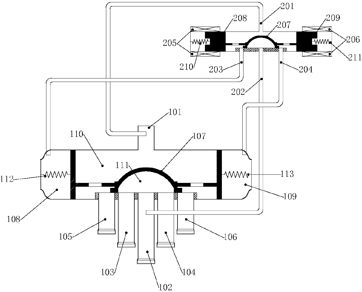 Air conditioner six-way valve and heat-pump-type air conditioner comprising same