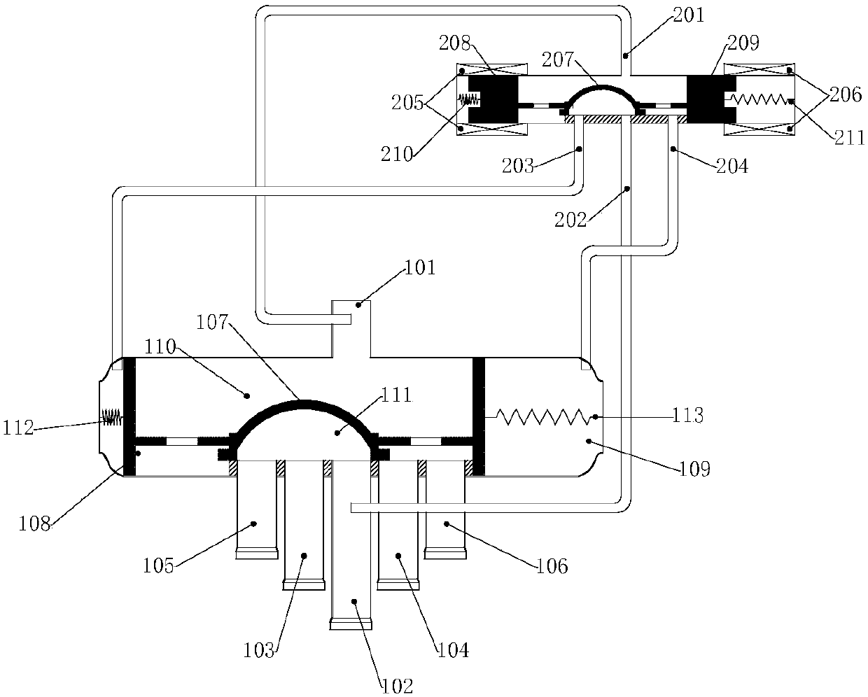 Air conditioner six-way valve and heat-pump-type air conditioner comprising same