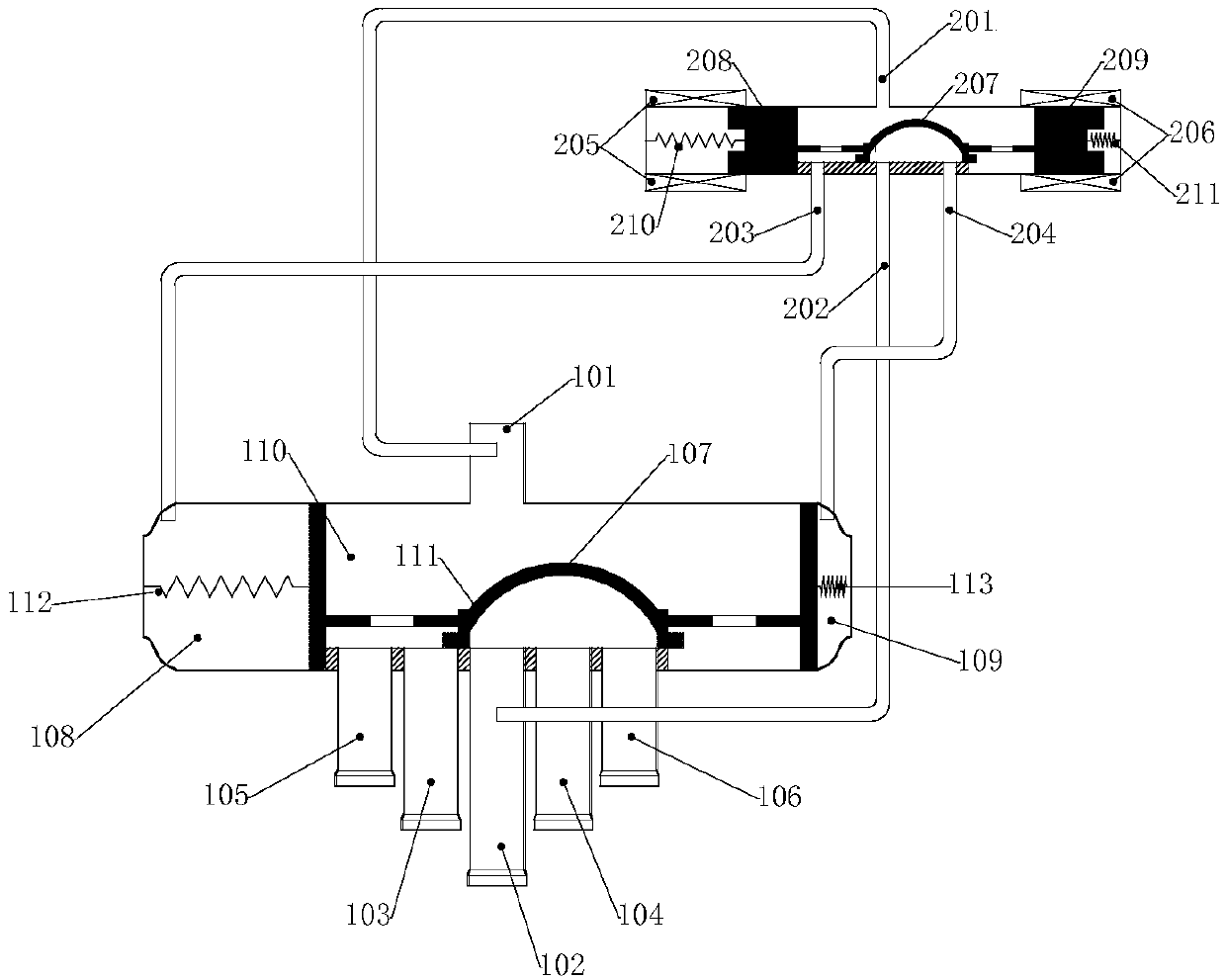 Air conditioner six-way valve and heat-pump-type air conditioner comprising same