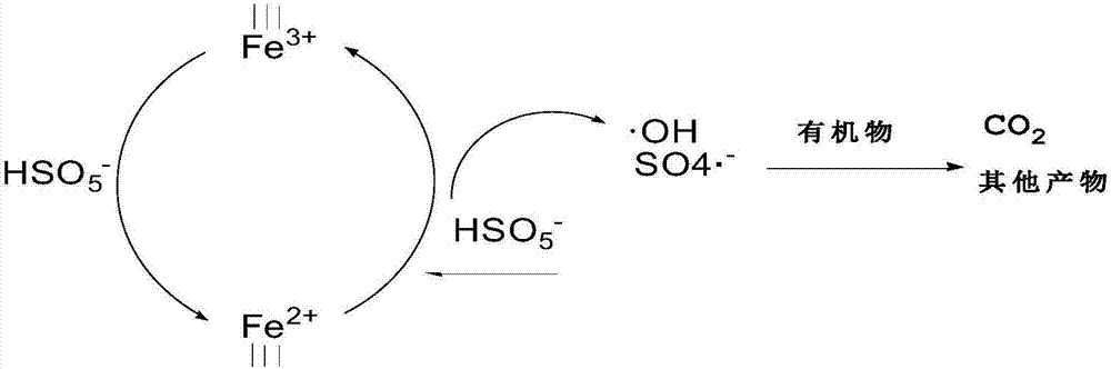 Method for treating reverse osmosis concentrate by utilizing peroxymonosulfate activated by secondary iron ore