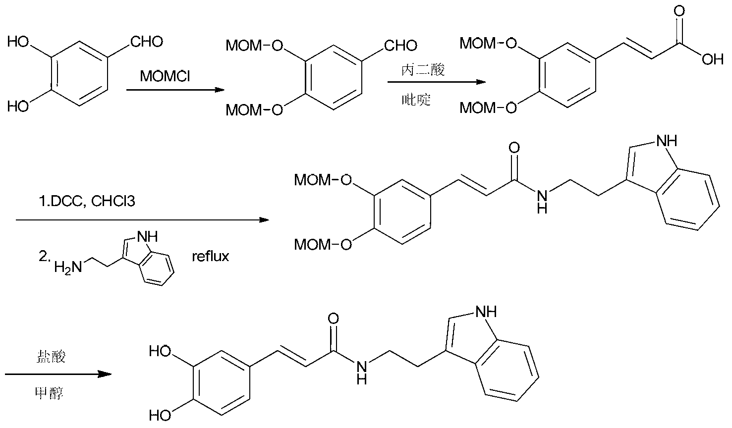 Method for preparing N-coffee acyl tryptamine by one-step process