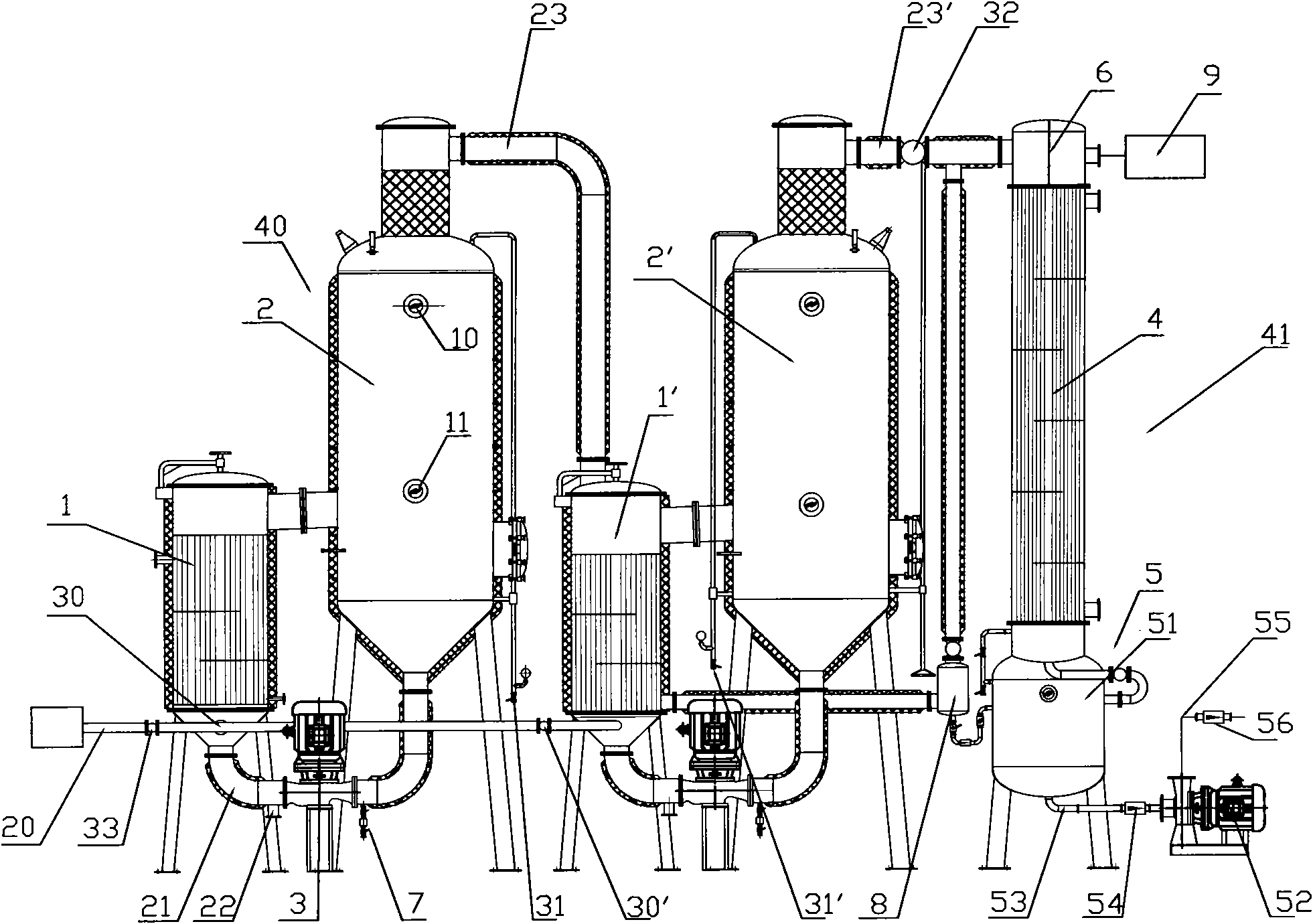 Multi-effect vacuum forced circulation evaporation device and material concentrating method thereof