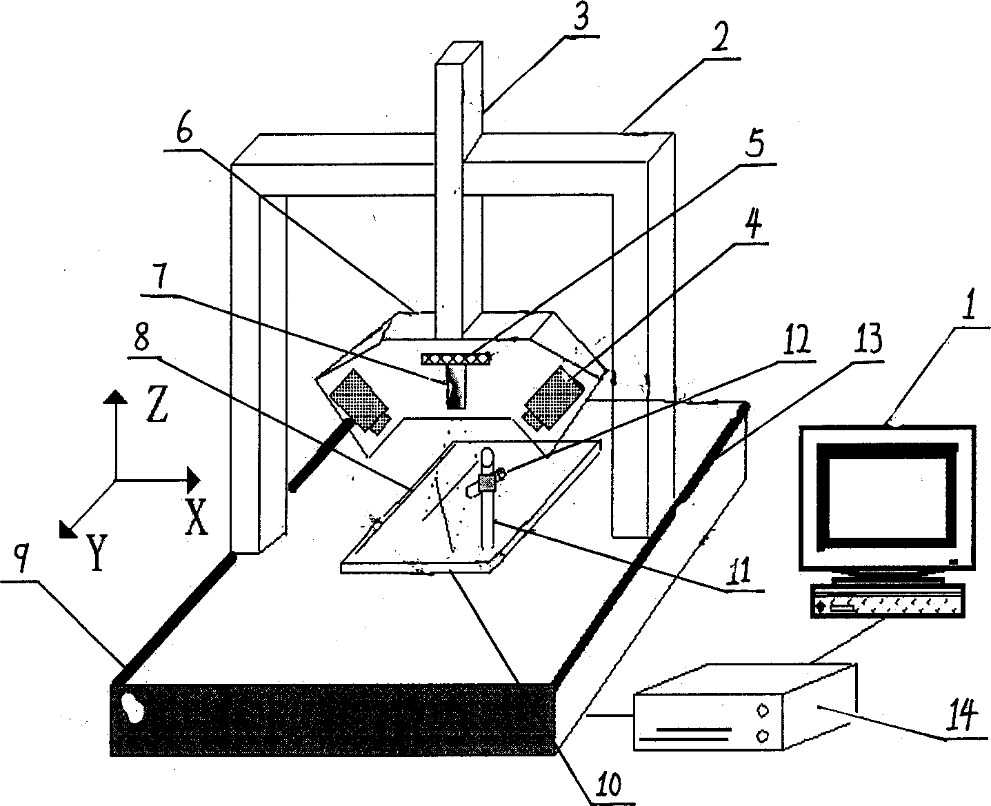 Laser linear scanning three-dimensional measurement double liquid knife virtual grid mapping calibrating method and equipment