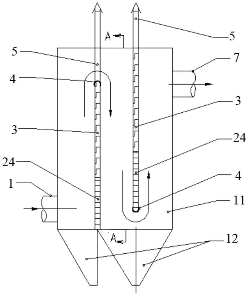 Partition plate type dust-falling, temperature-adjusting and pressure-stabilizing flue gas pretreatment device and application process