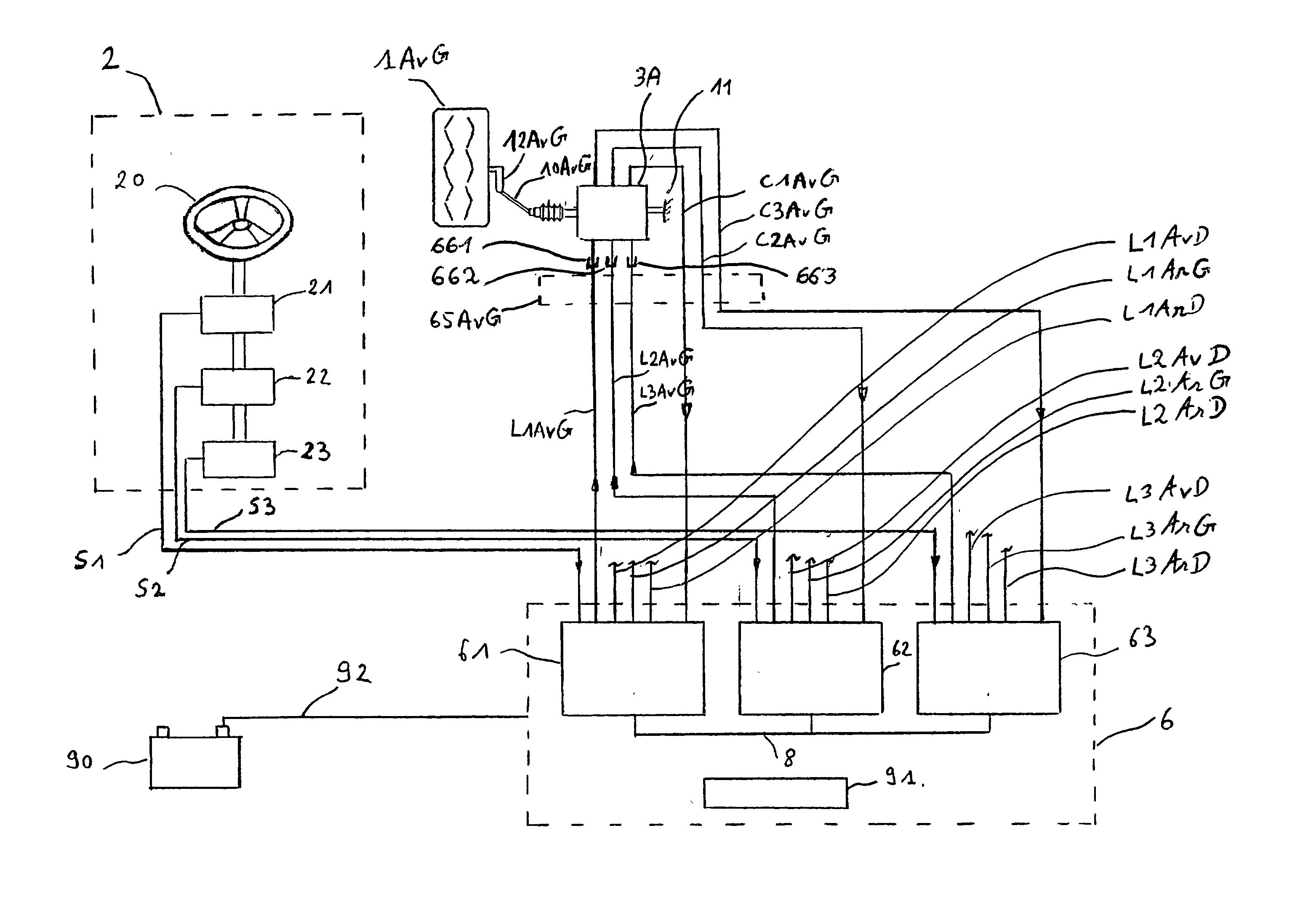 Electrical steering for vehicle, with triple redundancy