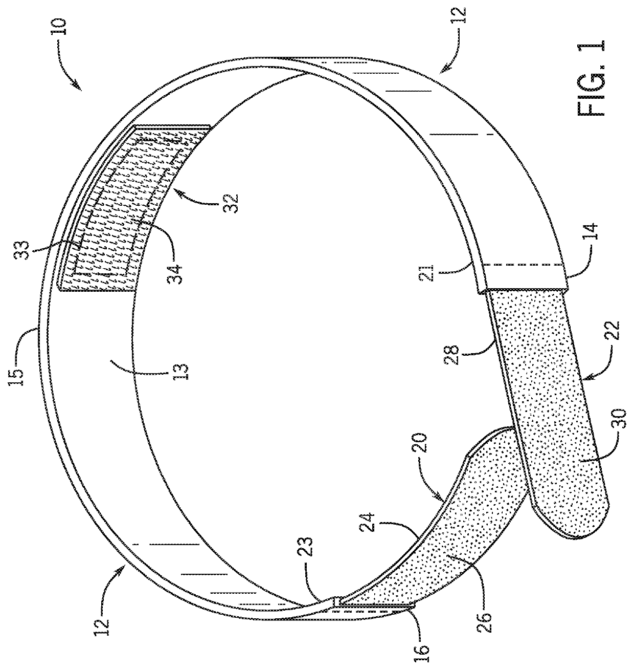 Diaper band with central inner-facing hook fabric and secure rear hook and loop fabric closure