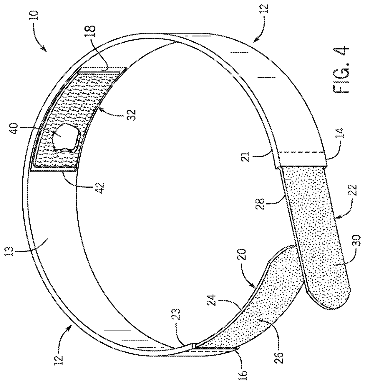 Diaper band with central inner-facing hook fabric and secure rear hook and loop fabric closure