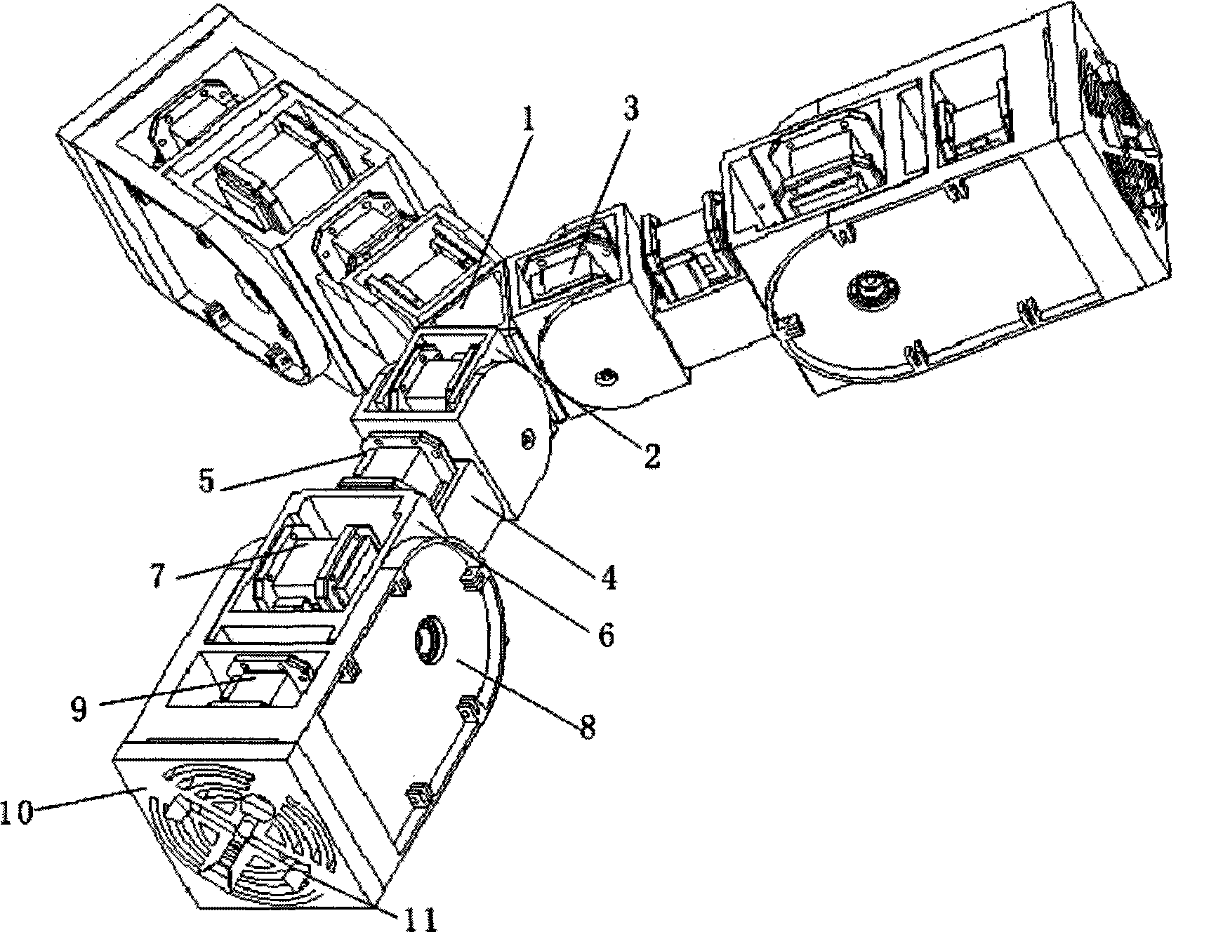 Three-arm buttjunction module flat lattice type self-reorganization robot