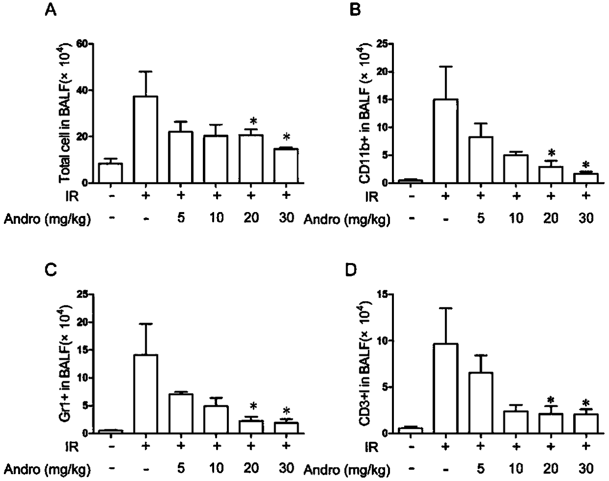 Application of andrographolide compound in preparation of medicine for radiation injury