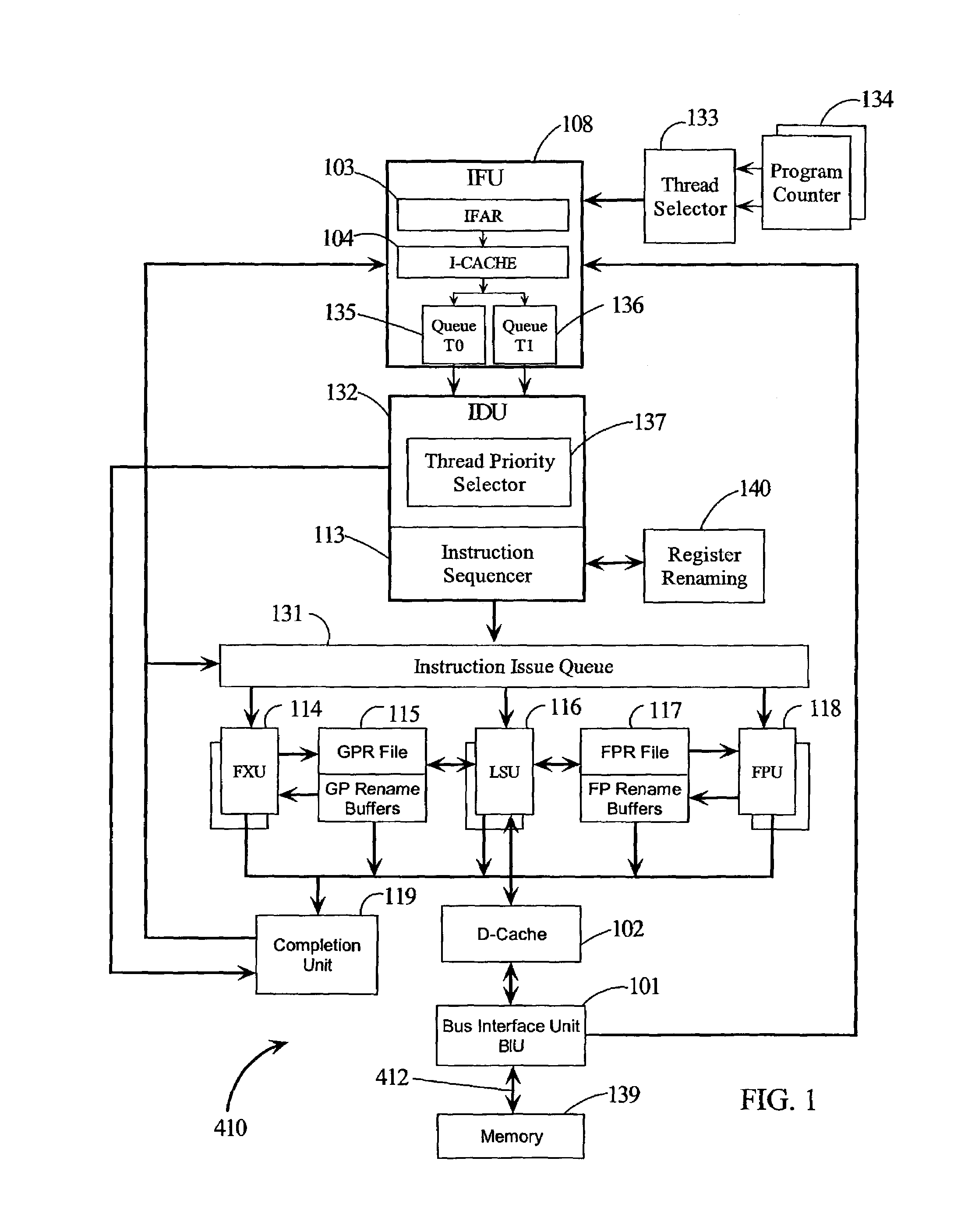 Method for managing power in a simultaneous multithread processor by loading instructions into pipeline circuit during select times based on clock signal frequency and selected power mode