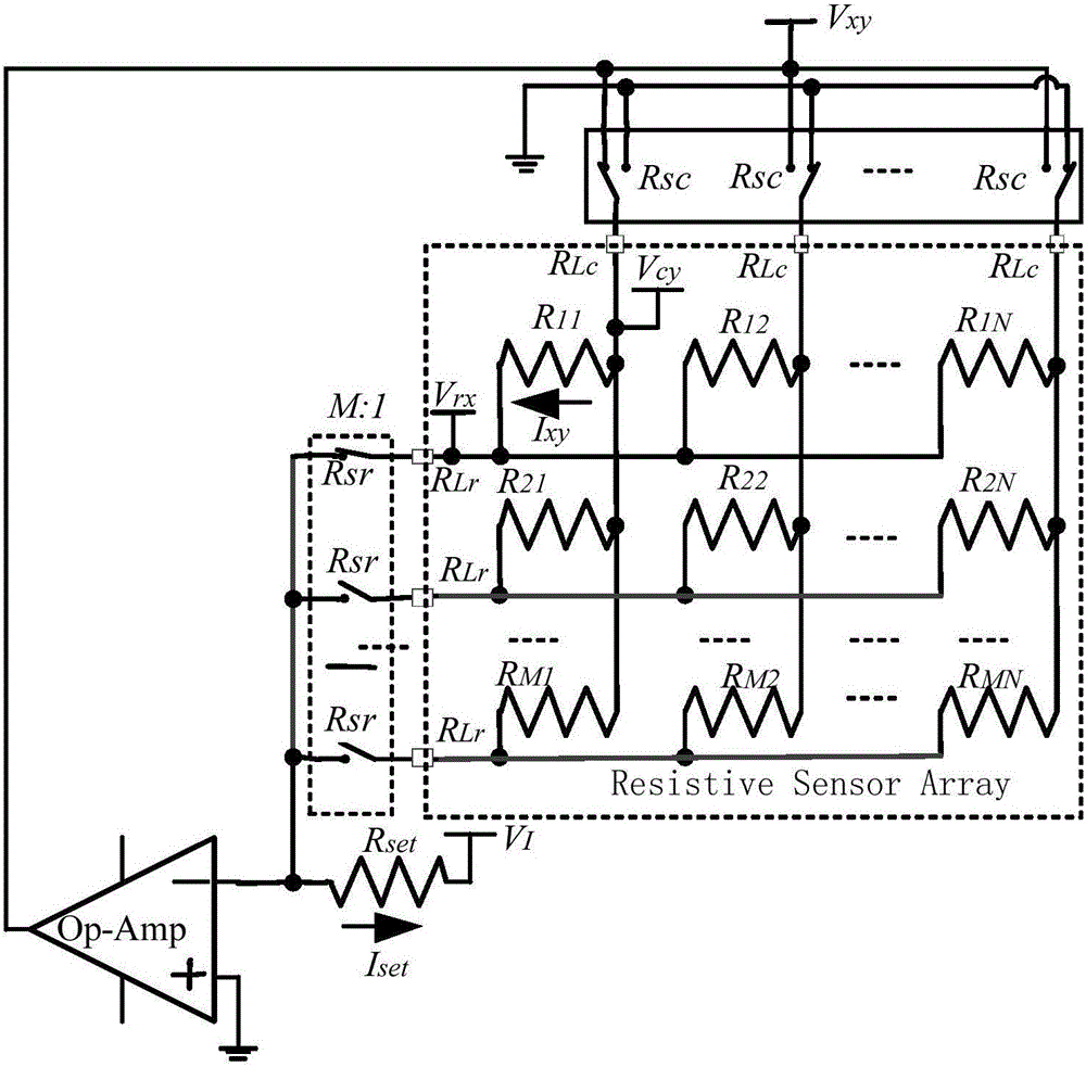 Test circuit for resistive sensor array based on two-wire system isopotential method