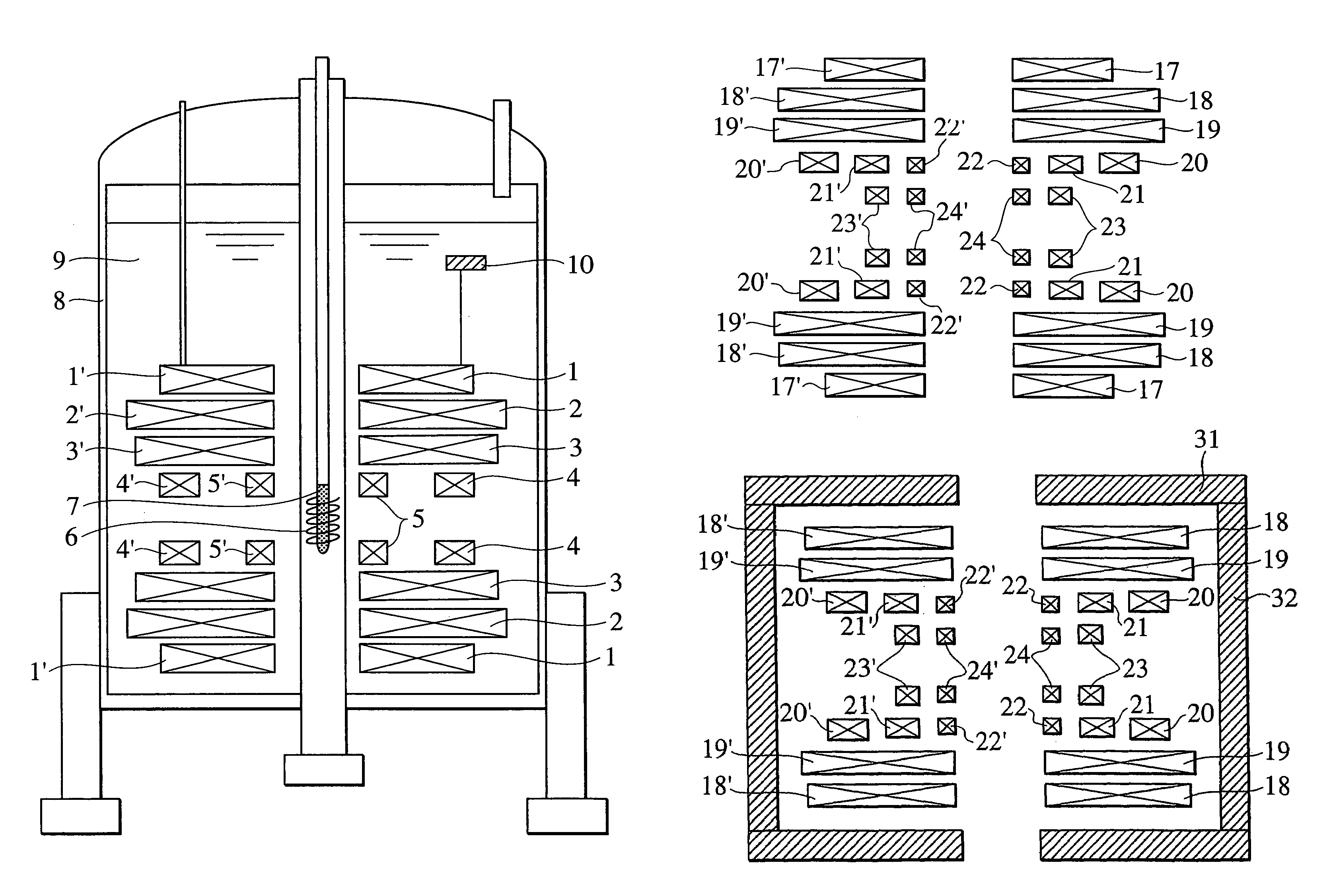 Split type NMR magnet device and NMR apparatus for solution analysis with at least an 11 T static magnetic field and different energizing directions of the NMR magnets