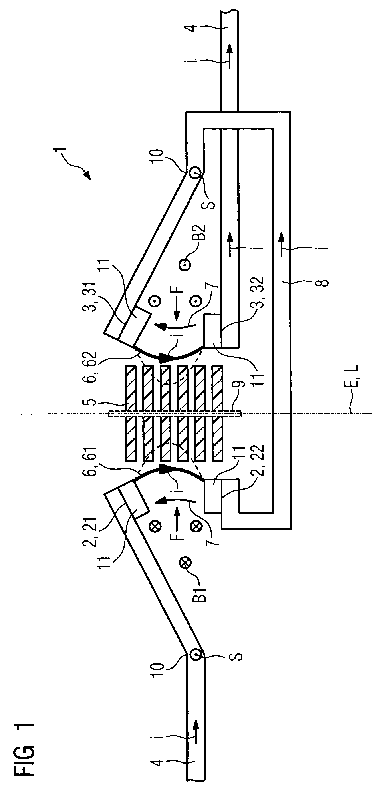 Switching device, in particular a power switching device, having two pairs of series-connected switching contacts for interrupting a conducting path