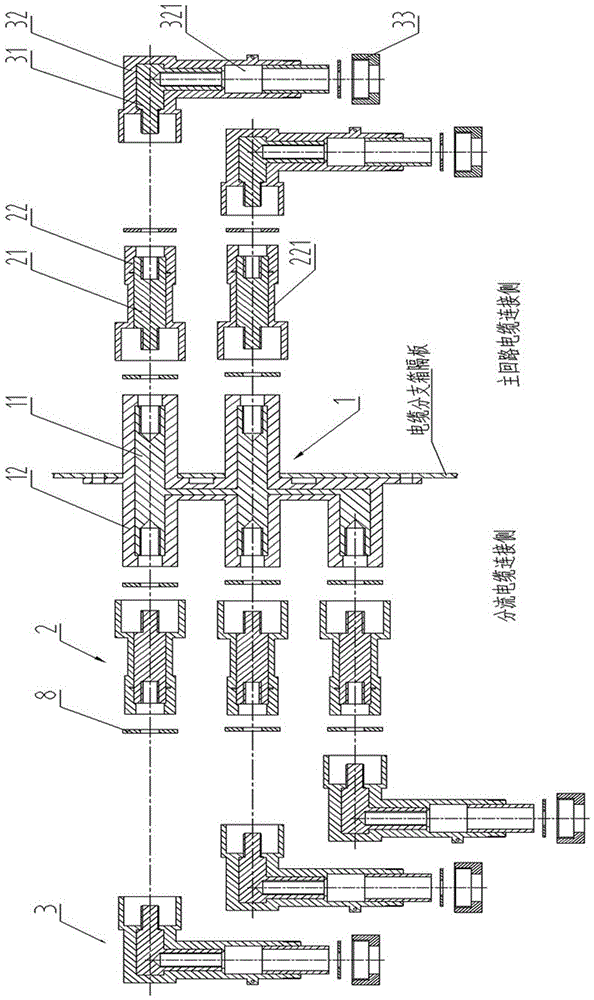 Cable branch box distribution wall bushing and its connection assembly